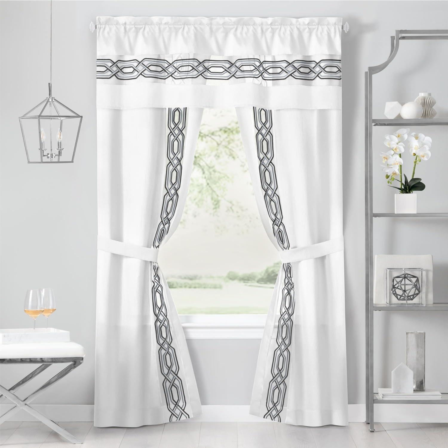 White Geometric Embroidered Sheer 5-Piece Curtain Set