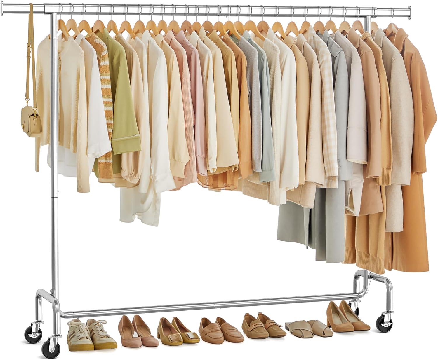 300lb Clothing Rack Heavy Duty Clothes Rack on Wheels Garment Rack Rolling Coat Rack for Bedroom Living Room Silver