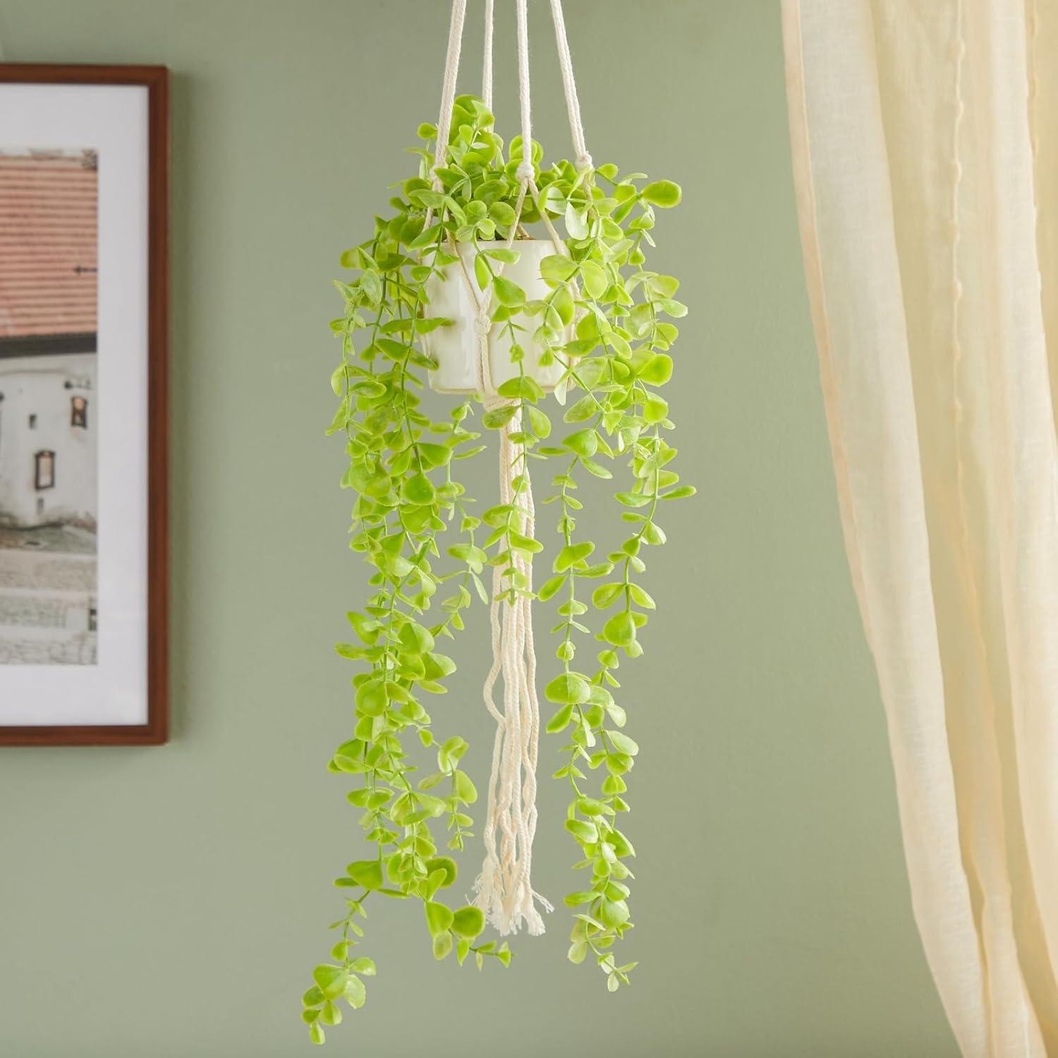 Verdant Bliss 31" Silk Eucalyptus in White Ceramic Pot with Macrame Hanger