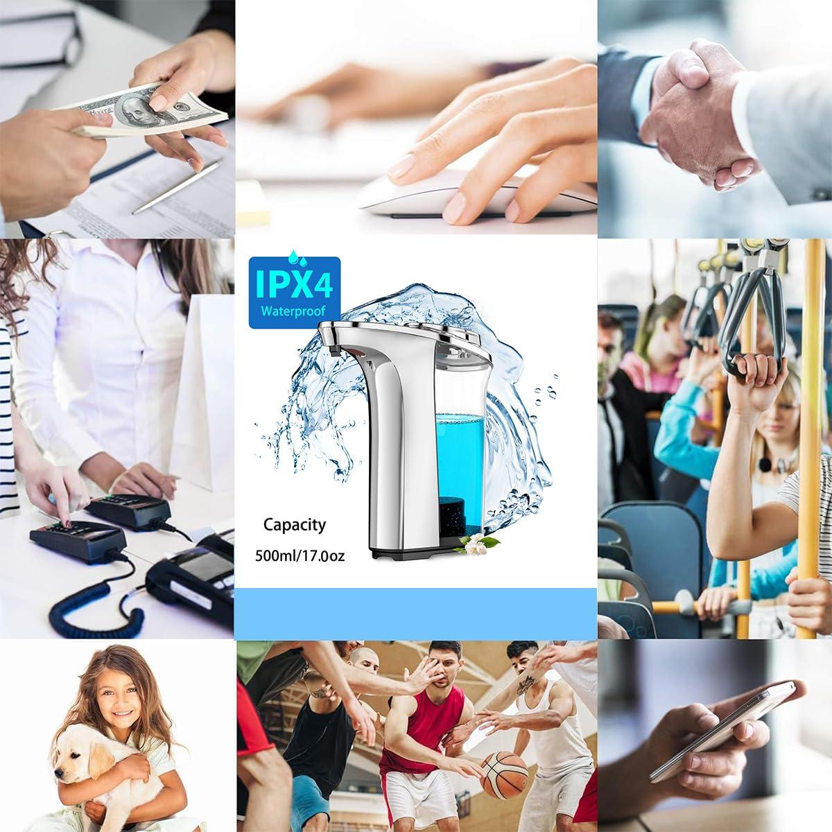 FKWin Automatic Soap Dispenser, Touchless Hand Soap Dispensers 17oz/500ml with 5 Adjustable Soap Levels, Kitchen Soap Dispensers, Liquid Hand Soap Dispenser Bathroom, Silver