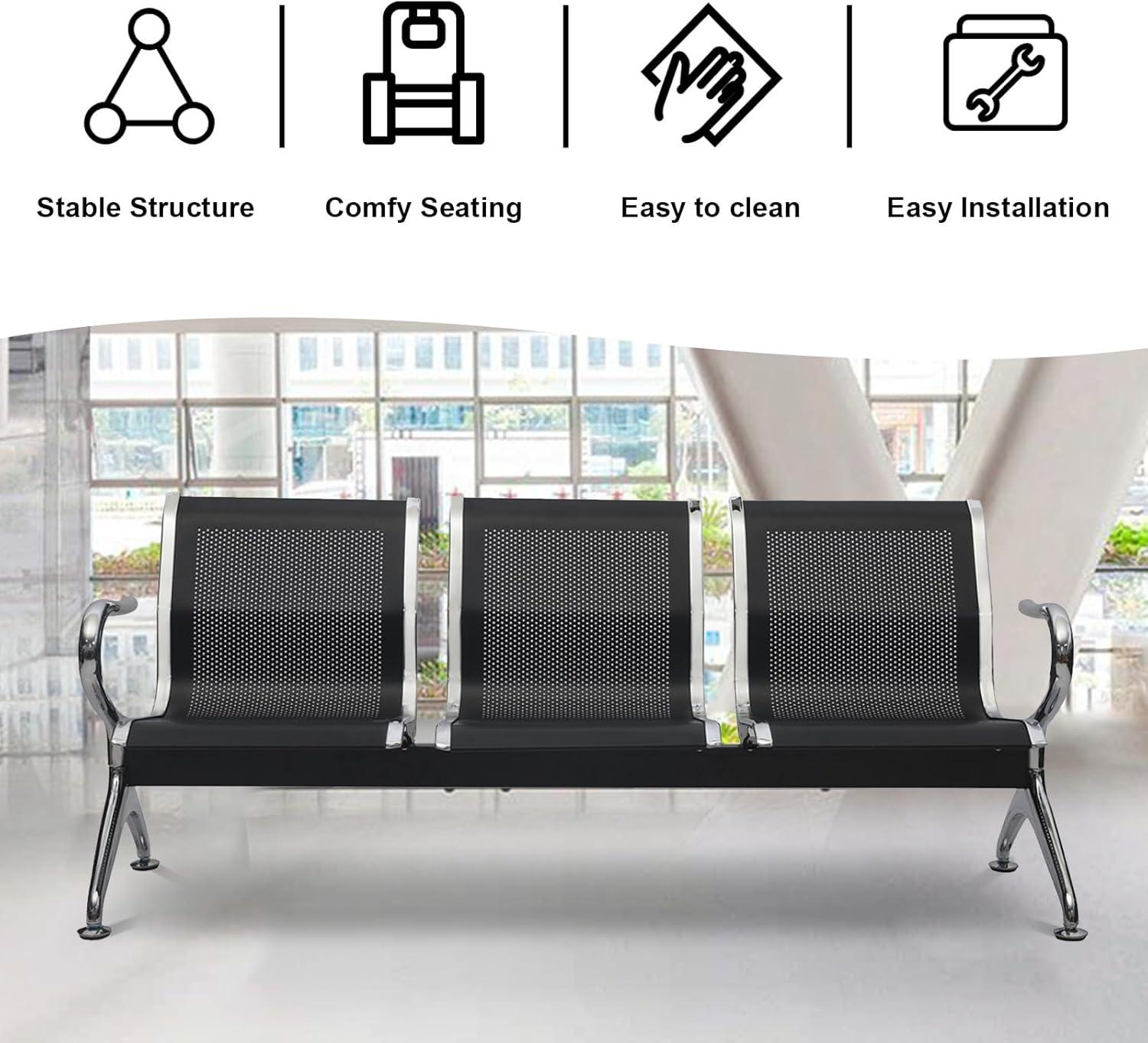 Kinbor Waiting Room Chairs, 3-Seat Reception Chairs Office Guest Waiting Furniture Bench Seating for Airport Bank Hospital, Black