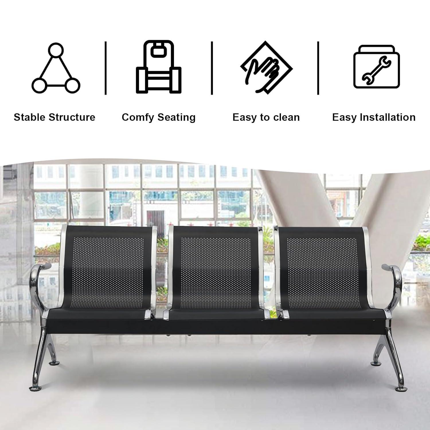 Kinbor Waiting Room Chairs, 3-Seat Reception Chairs Office Guest Waiting Furniture Bench Seating for Airport Bank Hospital, Black