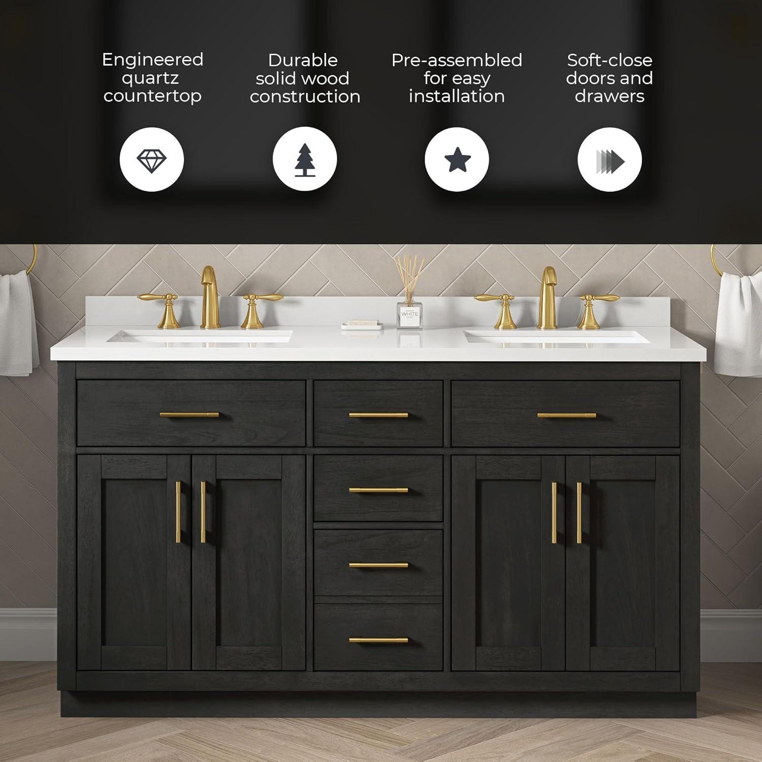 Bailey 60'' Matte Black Wood Double Sink Vanity with White Quartz Top