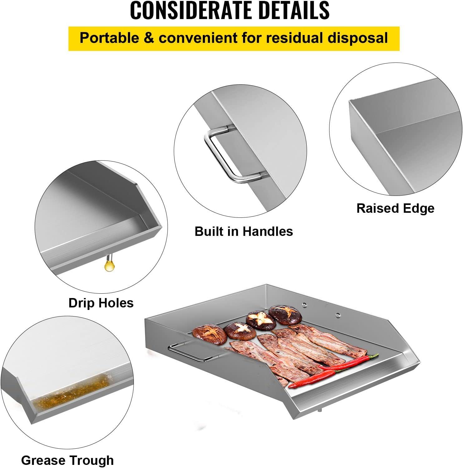 VEVORbrand Stainless Steel Griddle,18" X 16" Universal Flat Top Rectangular Plate, BBQ Charcoal/Gas Grill with 2 Handles and Grease Groove with for Camping, Tailgating and Parties