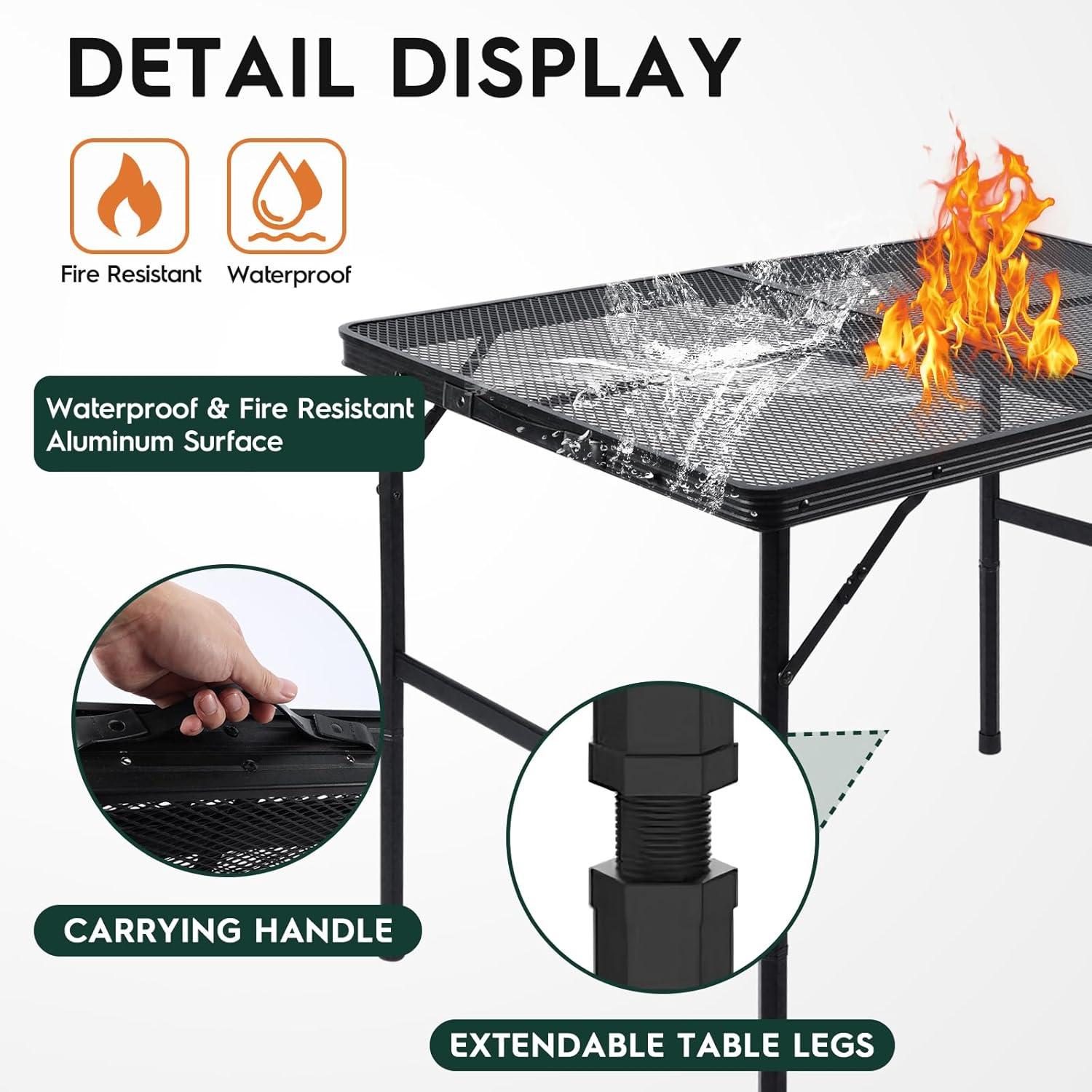 Black Adjustable Height Folding Grill Table with Metal Mesh