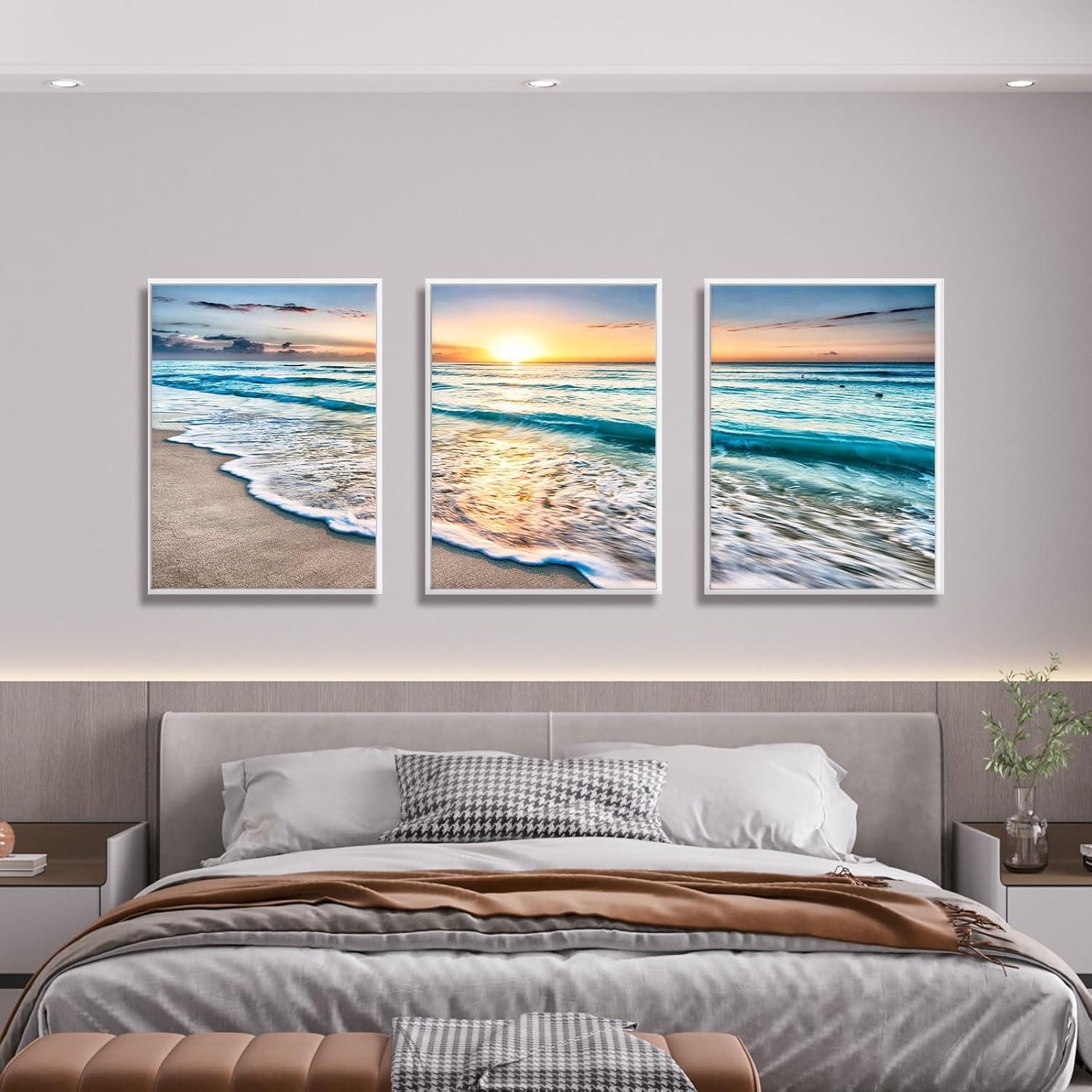 Asdg12s-3 Panel Wall Art Blue Sea Sunset White Beach Painting The Picture Print On Canvas Seascape The Pictures for Home Decor Decoration,Ready to Hang