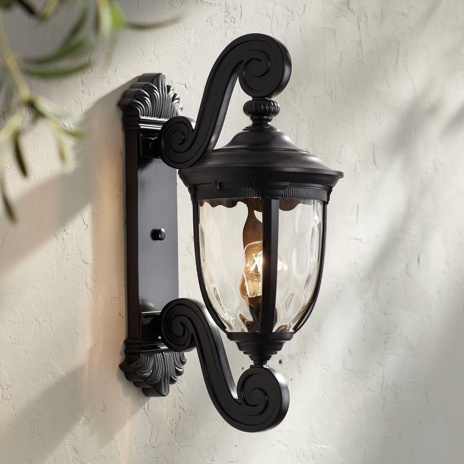 Bellagio Dual Scroll 24" Black Outdoor Wall Light with Clear Hammered Glass