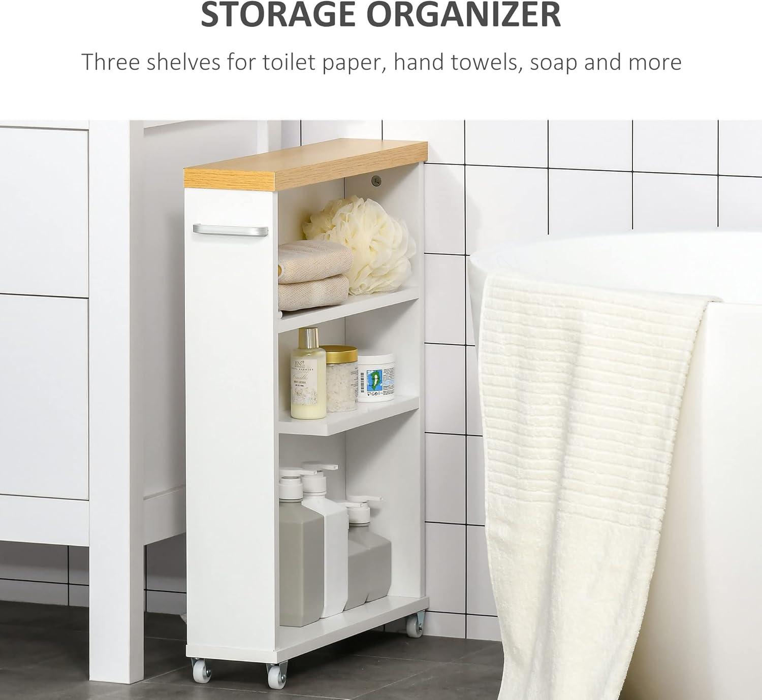 kleankin Slim Bathroom Cabinet with Castor Wheels Storage Organizer and Wood Shelves To Fit In Small Spaces, White