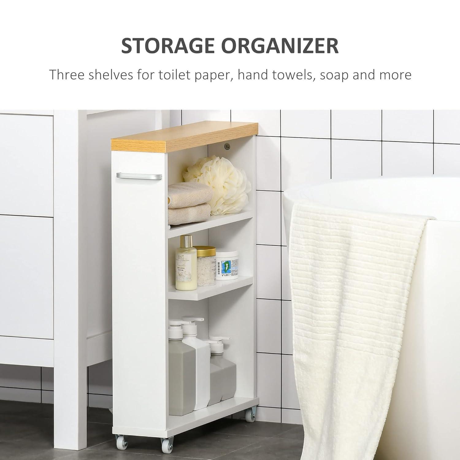 kleankin Slim Bathroom Cabinet with Castor Wheels Storage Organizer and Wood Shelves To Fit In Small Spaces, White