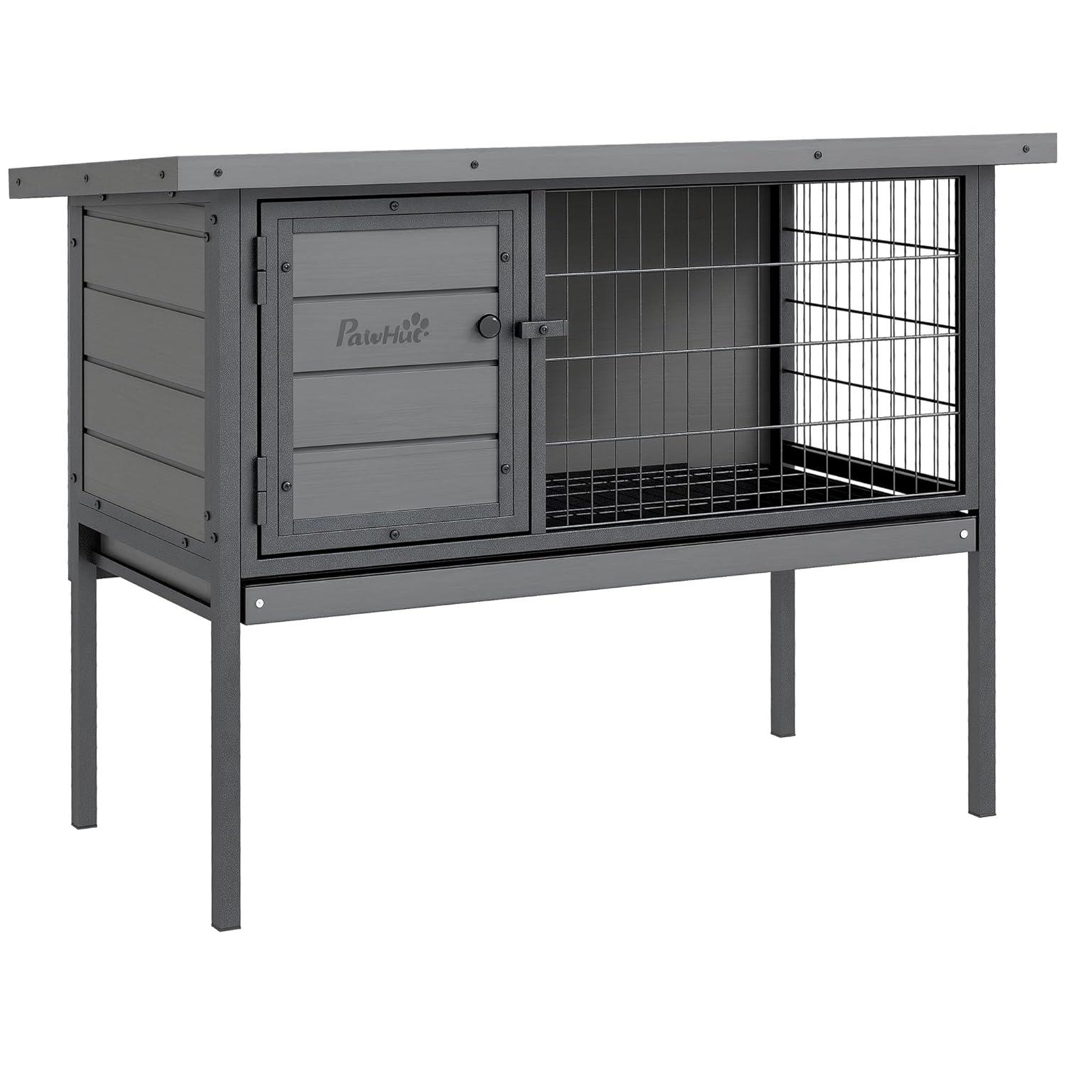 PawHut Rabbit Hutch Elevated Bunny Cage Small Animal Habitat with Metal Frame, Wire Pan, and Asphalt Roof for Indoor/Outdoor Natural Wood