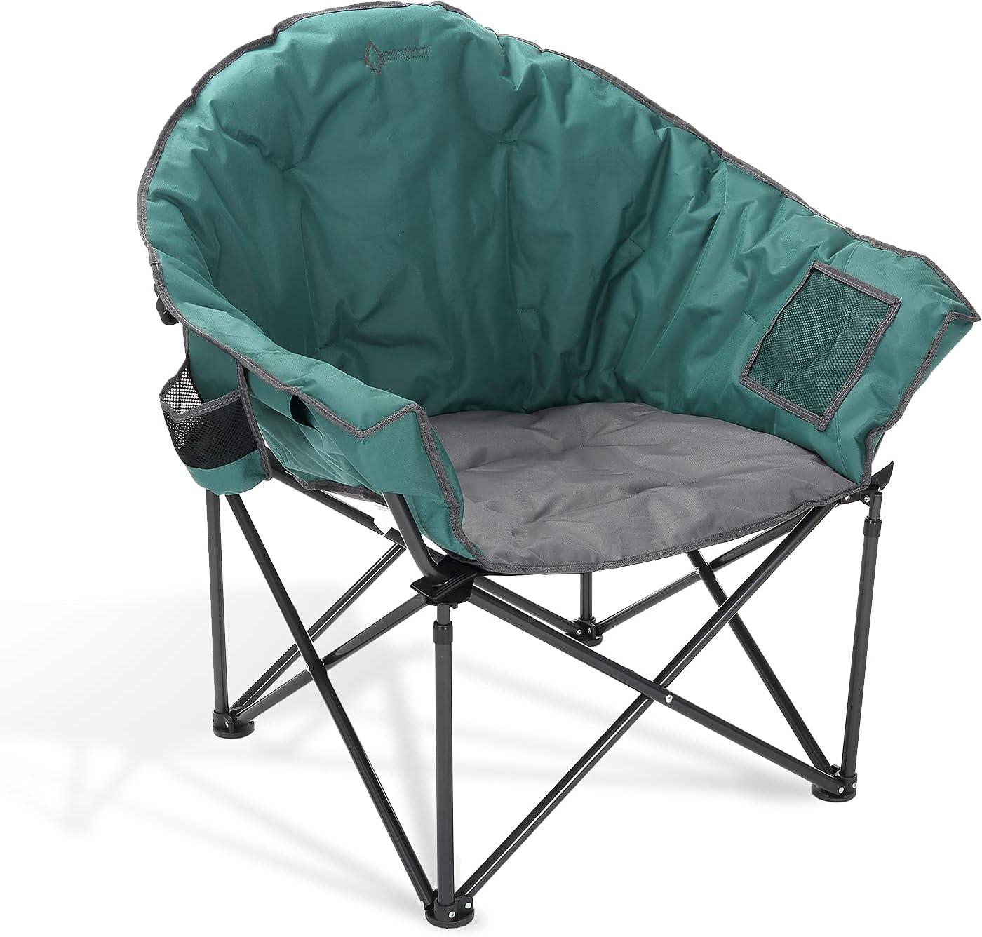 Arrowhead Outdoor Oversized Heavy-Duty Club Folding Camping Chair w/External Pocket, Cup Holder, Portable, Padded, Moon, Round, Bag (Forest Green)