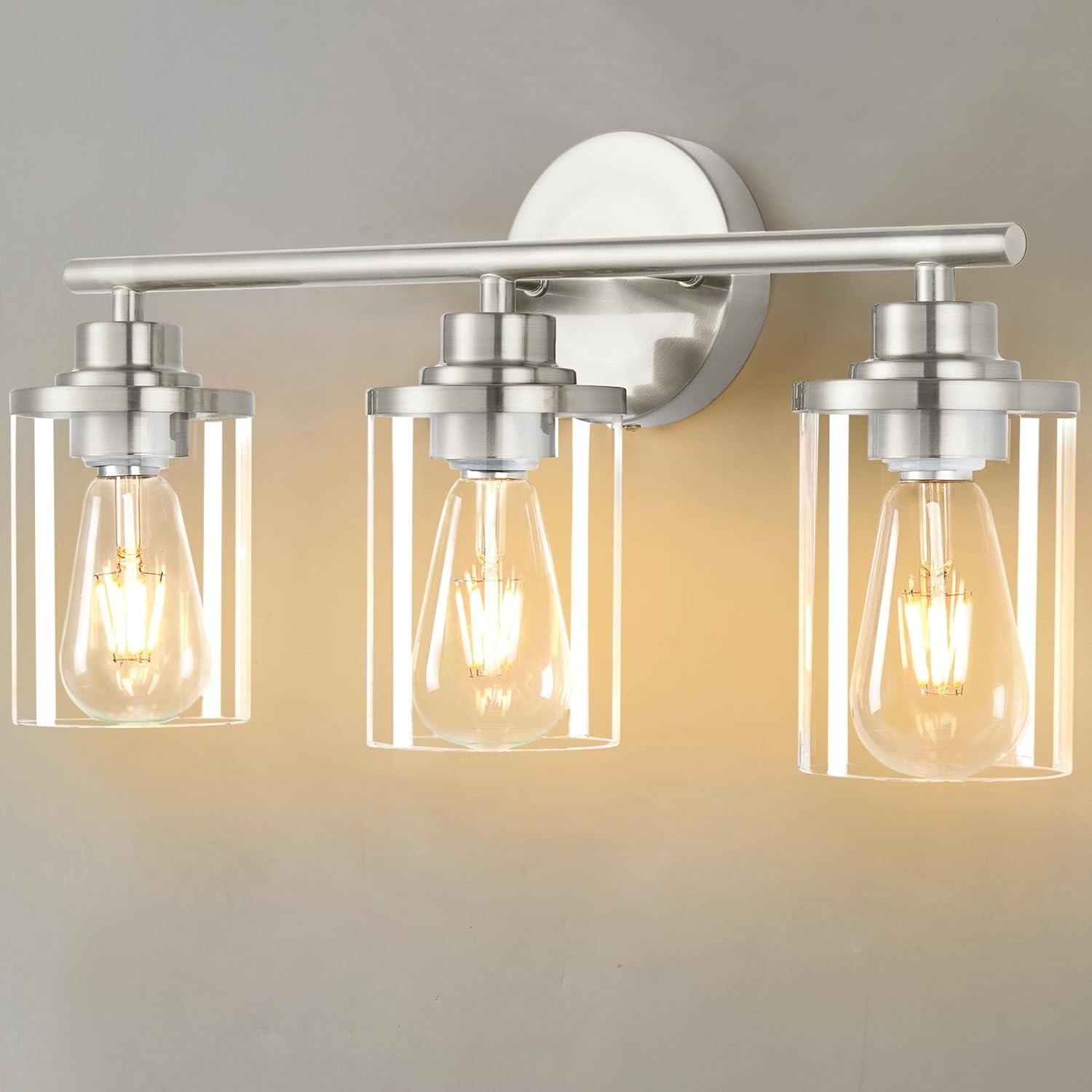 3-Light Bathroom Light Fixtures, Brushed Nickel Vanity Light, Farmhouse Wall Lights with Clear Glass Shade, Bathroom Wall Lamp for Mirror Kitchen Bedroom Hallway Living Room Hallway Cabinet