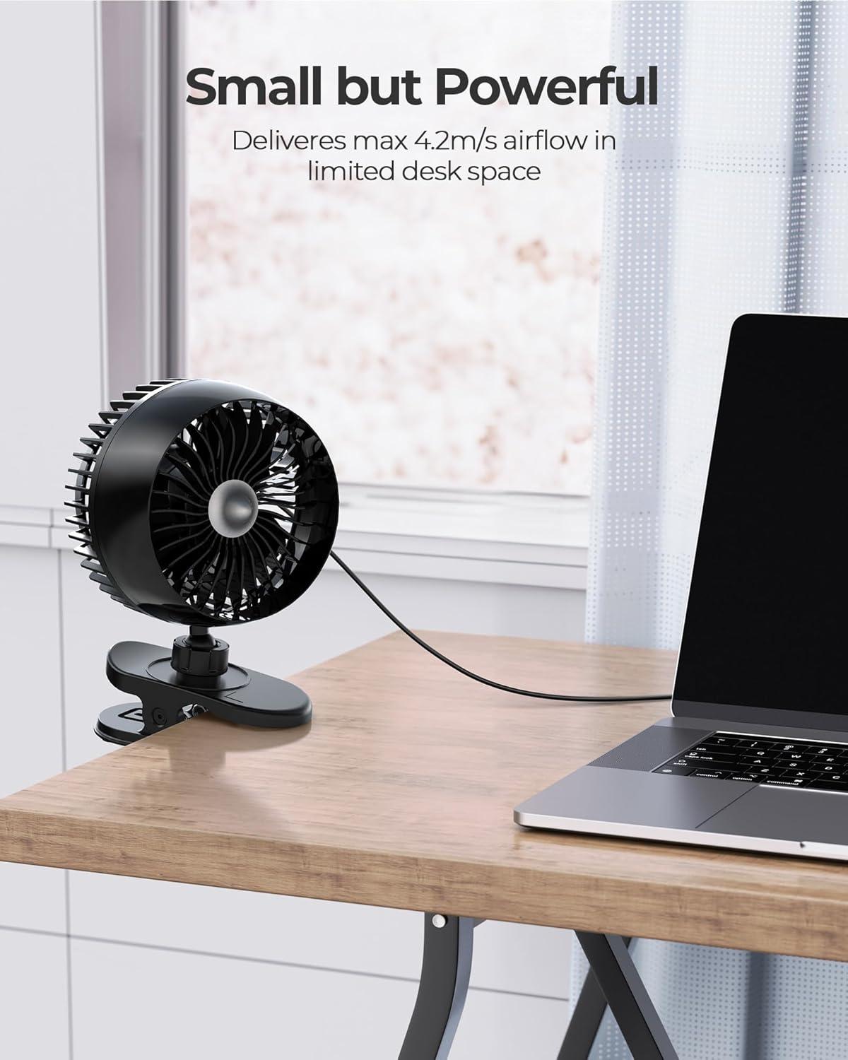 USB Clip on Fan, Strong Wind Ultra Quiet Small Desk Fan with Strong Clamp, More Than 360° Adjustable, 3 Speeds USB-C Corded Powered, Mini Personal Fan for Home Office Desktop Black