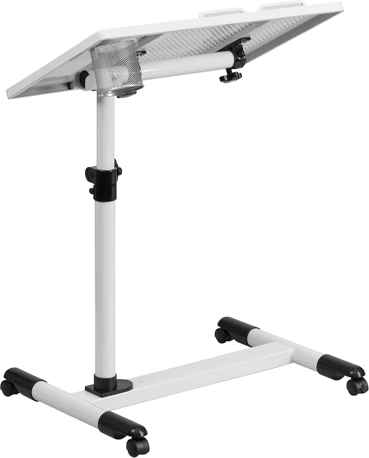 SwivelTop White Adjustable Steel Mobile Desk with Cup Holder