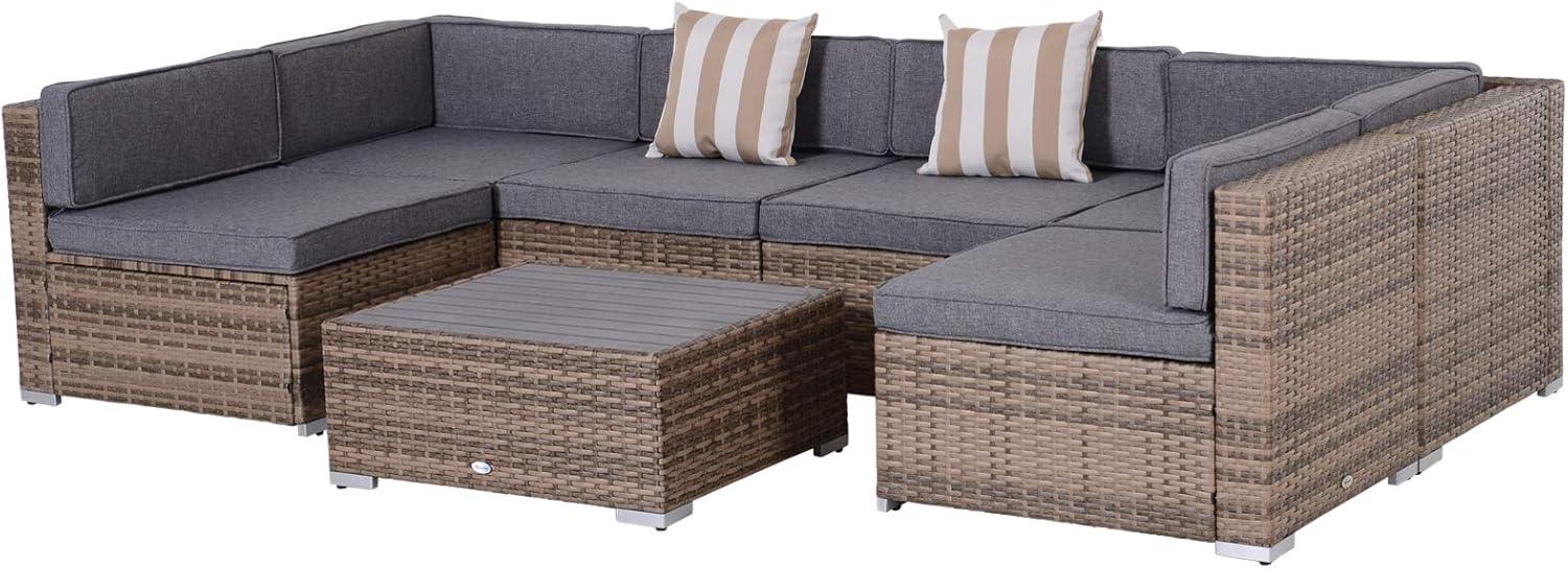 Outsunny 7-Piece Patio Furniture Set, Outdoor Wicker Conversation Set, All Weather PE Rattan Sectional Sofa w/ Faux Wood Table, Stripe Pillows, Gray