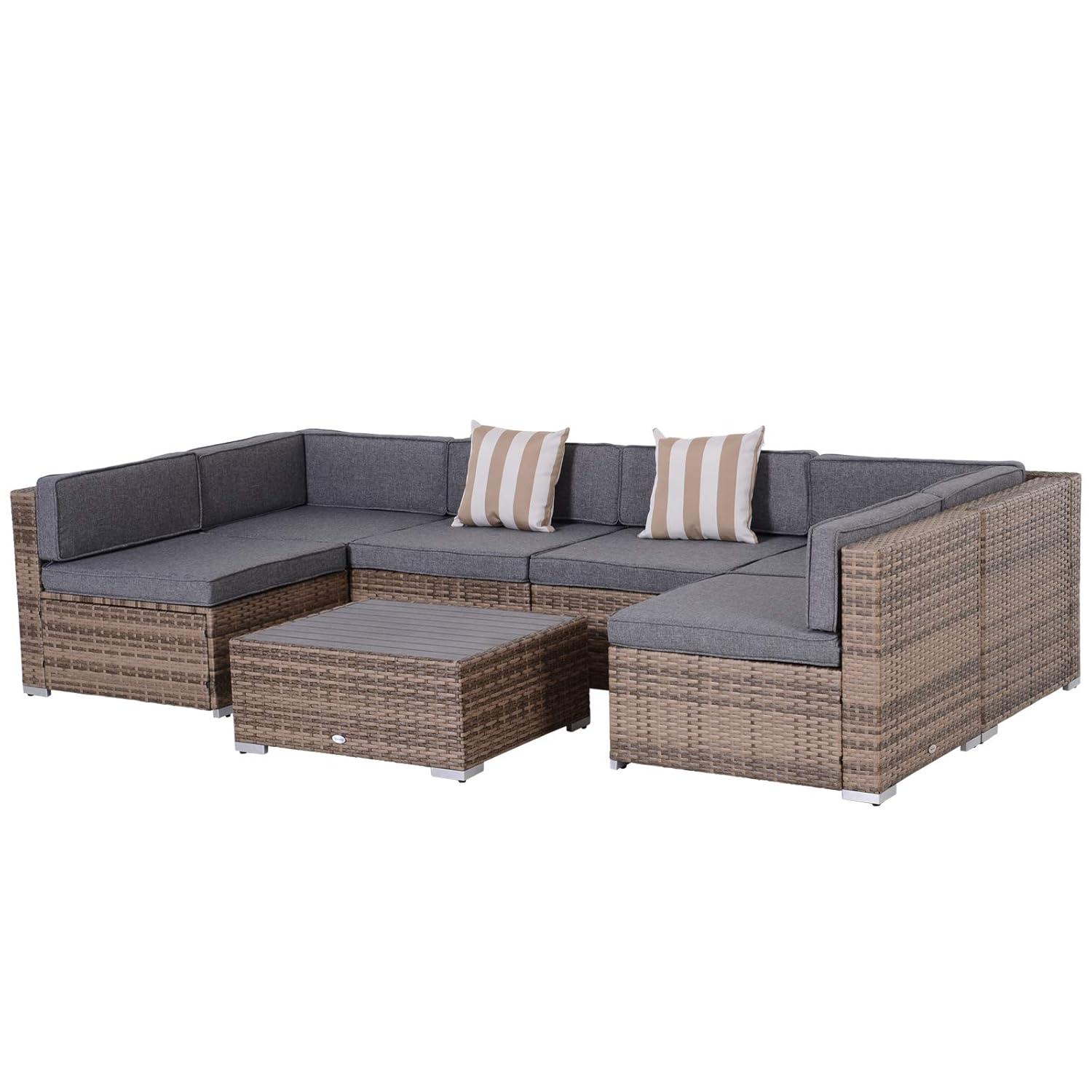Outsunny 7-Piece Patio Furniture Set, Outdoor Wicker Conversation Set, All Weather PE Rattan Sectional Sofa w/ Faux Wood Table, Stripe Pillows, Gray