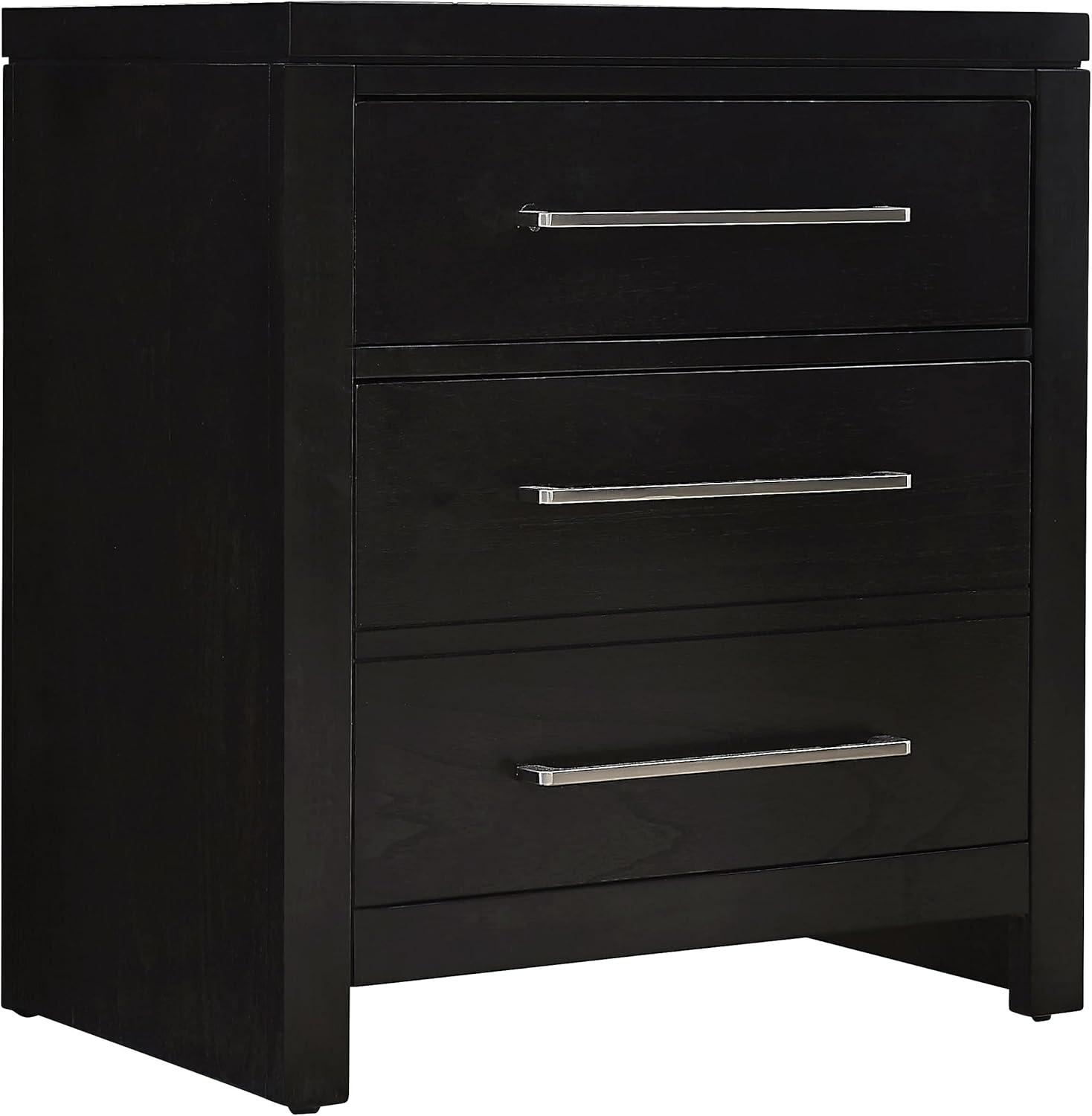 Foxfire Black Modern Nightstand with Nickel Bar Pulls