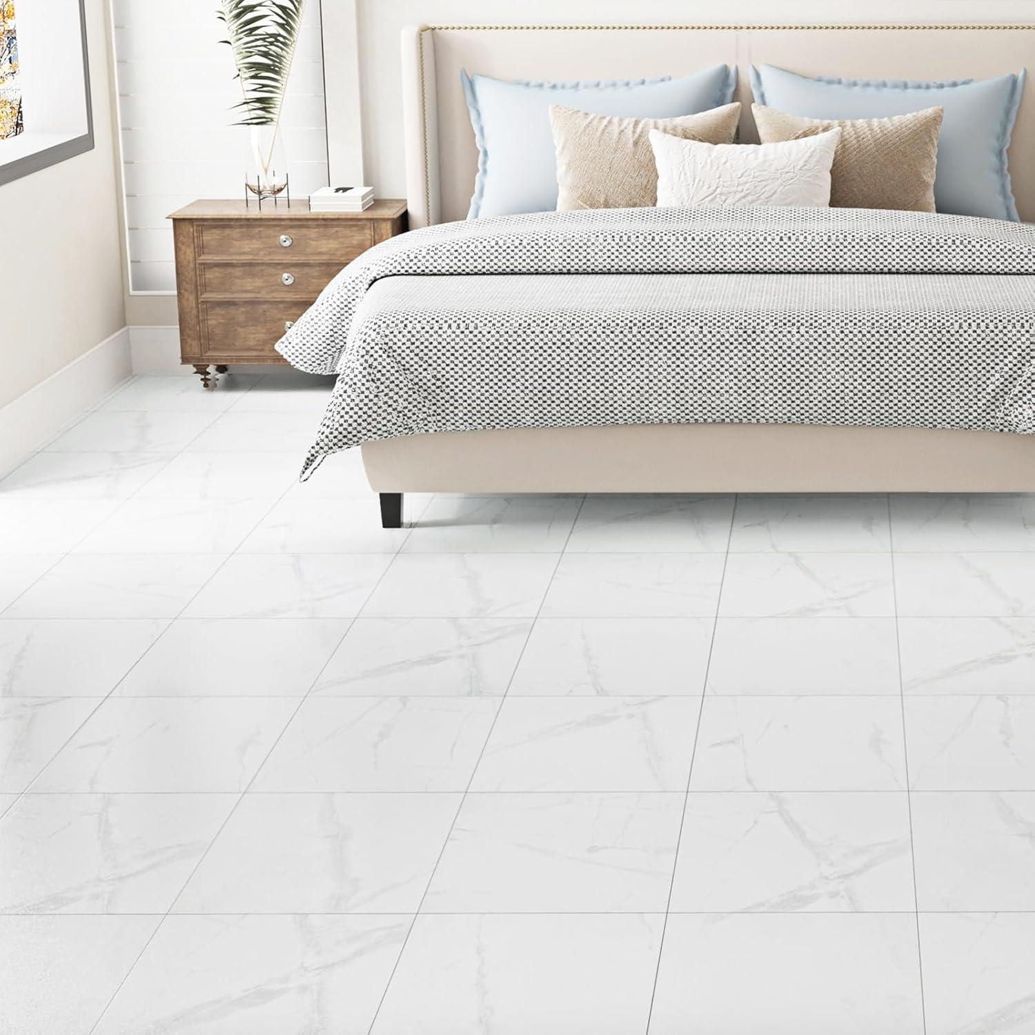 WESTICK Marble White Peel and Stick Floor Tile Waterproof Vinyl Tiles Peel and Stick Floor 12" x 12" Removable Self Adhesive Flooring Tiles for Bathroom Bedroom Kitchen Flooring Living Room Gym 5 PCS