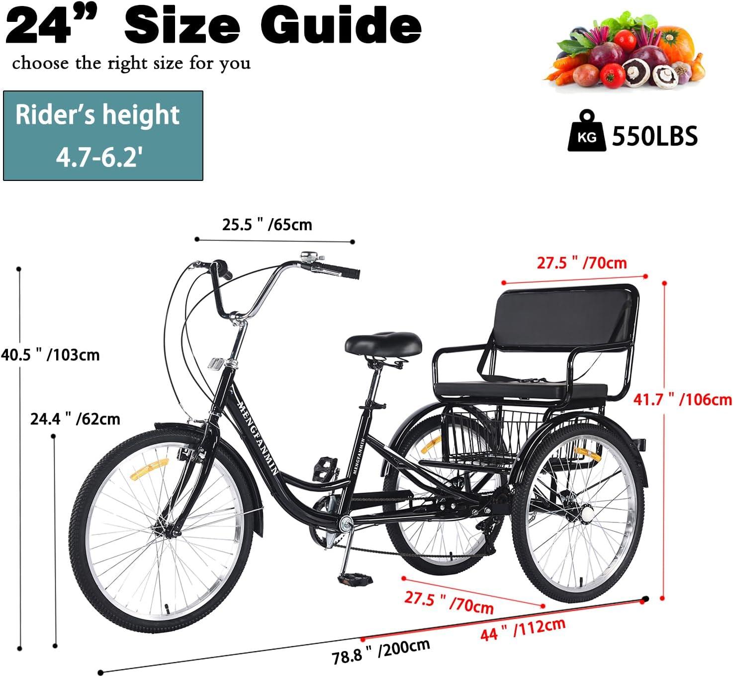 Adult Tricycle 7 Speed, 24 Inch 3 Wheel Bikes Extended Rear wheelbase Tricycle Wheel Bike w/Rear Basket for Women/Children Seniors Maximum Load 550lbs
