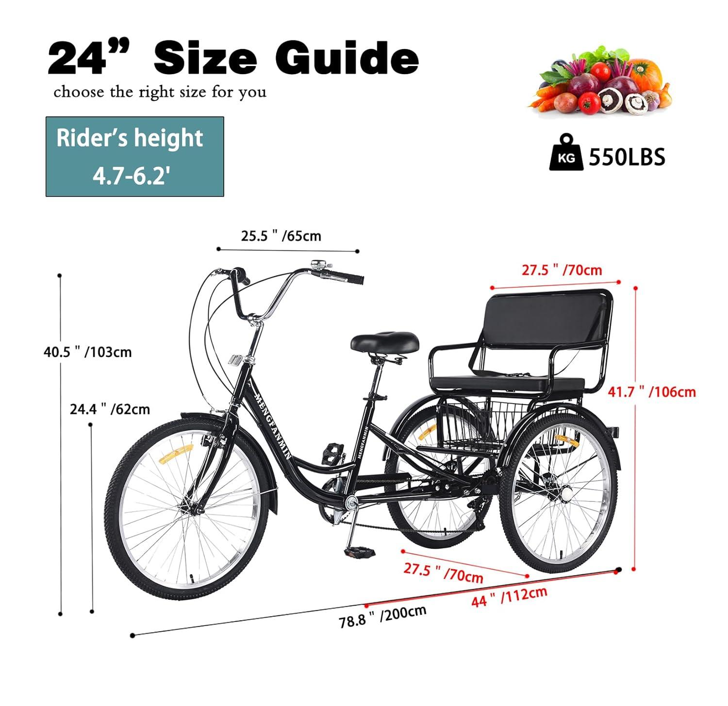 Adult Tricycle 7 Speed, 24 Inch 3 Wheel Bikes Extended Rear wheelbase Tricycle Wheel Bike w/Rear Basket for Women/Children Seniors Maximum Load 550lbs