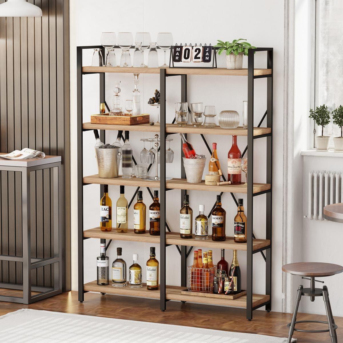 Rustic Oak and Black Industrial 5-Tier Bookshelf