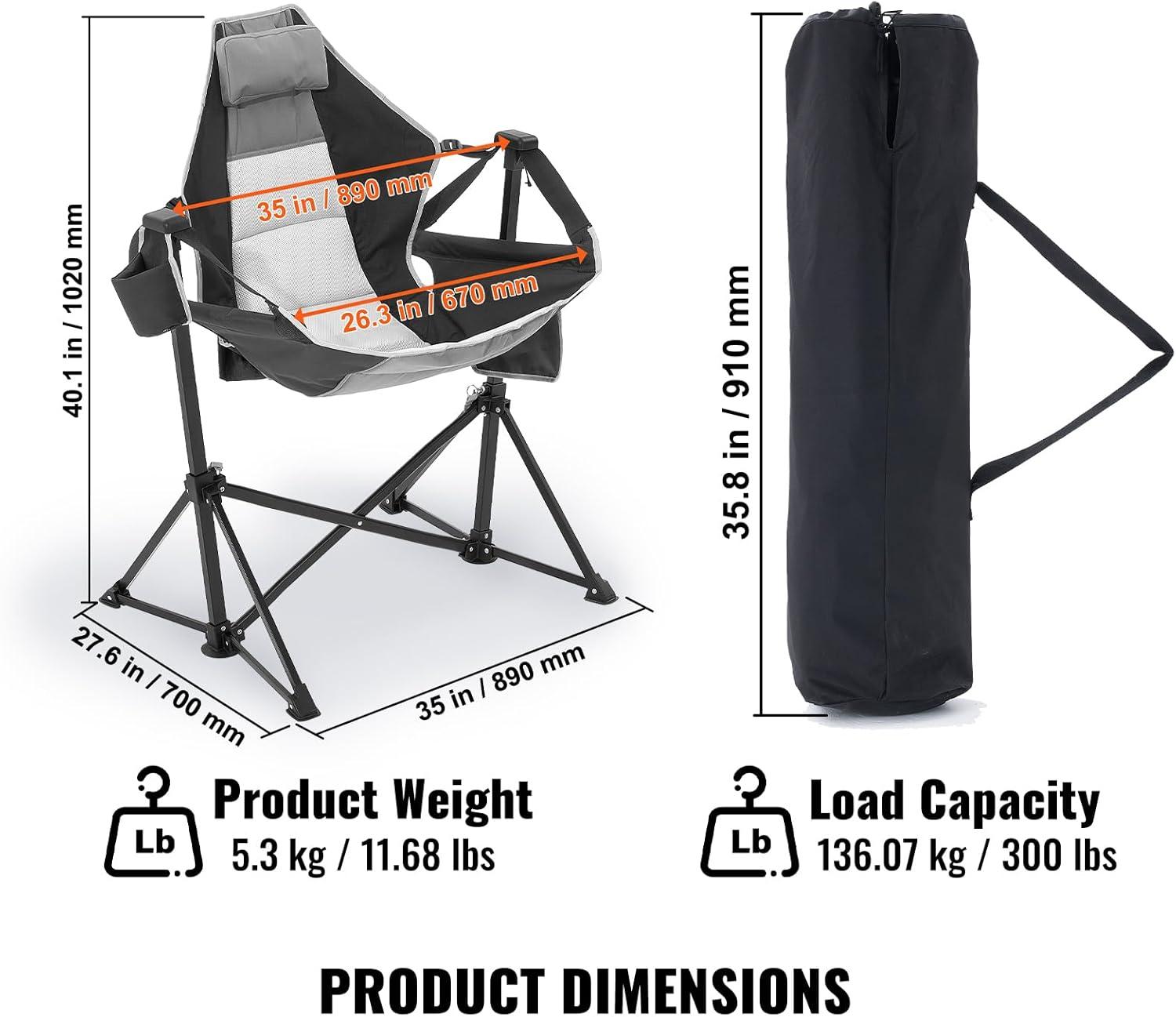 VEVOR Reclining Camping Chair, 300 lbs Load Camping Hammock Chair, Rocking Lounge Folding Chair with Cup Holder Storage Bag Headrest & Adjustable Backrest, for Camping and Other Outdoor Activities