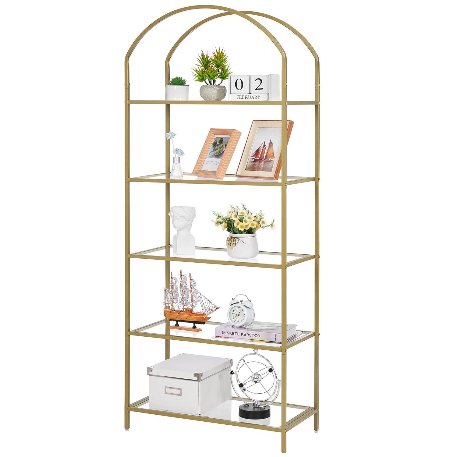 5 Tier Gold Bookshelf, Modern Storage Organizer Shelf, Metal Bookcase Stand for Office, Bedroom Kitchen Living Room