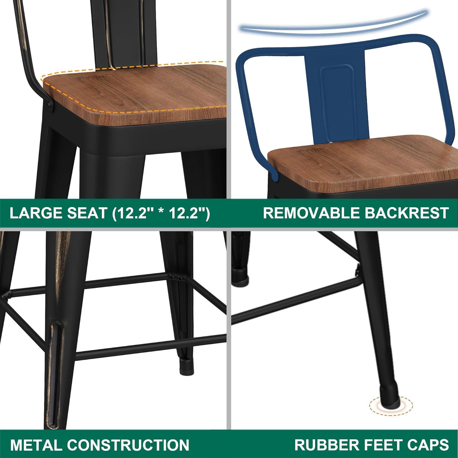 Bar Stools Set of 4 Metal Bar Stool Counter Height Bar Stools 26" Black Modern Bar Chairs with Back and Wooden Seat Bar Stools Counter Height