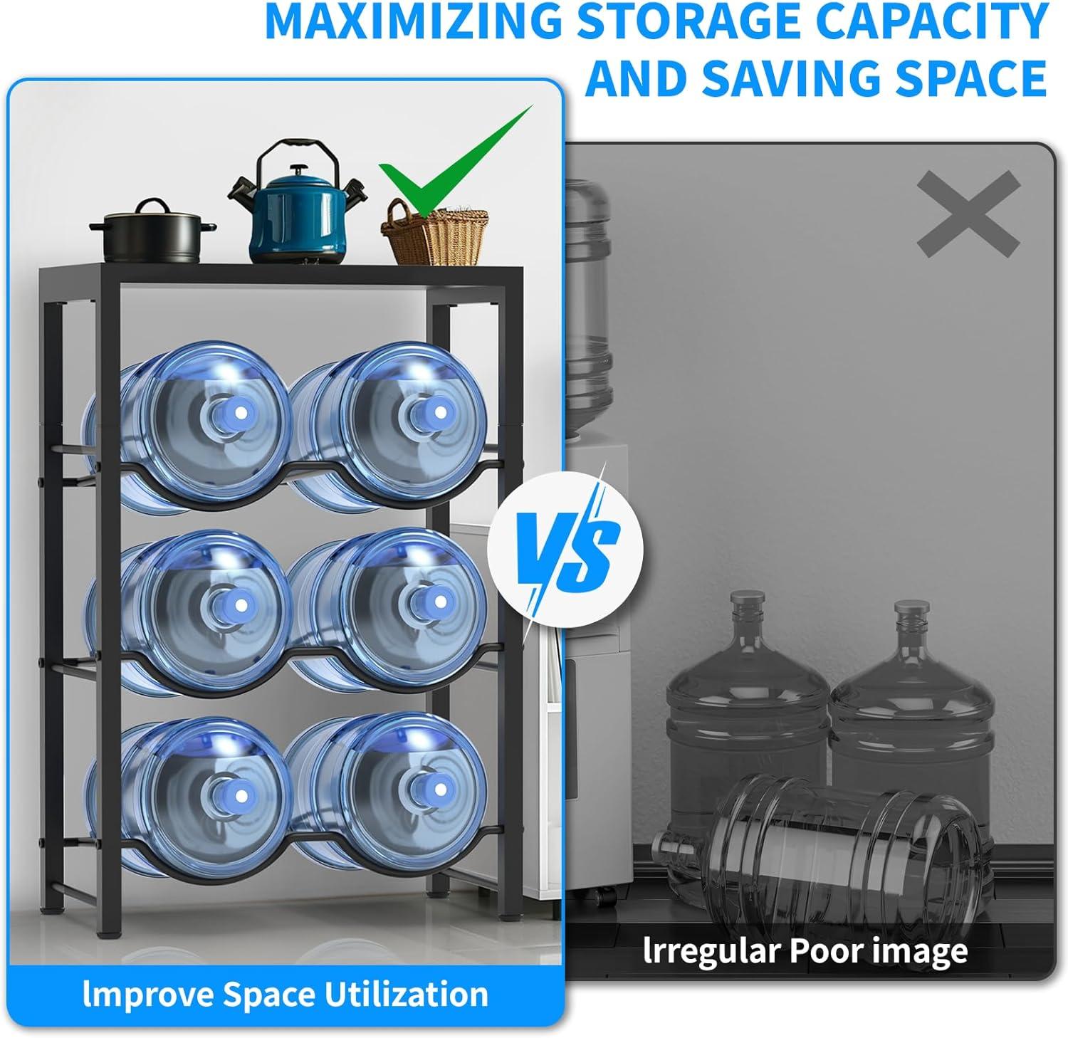 5 Gallon Water Bottle Holder for 6 Bottles, 3 Tiers Heavy-Duty Water Cooler Jug Rack with Reinforcement Frame for Home, Office, Restaurant