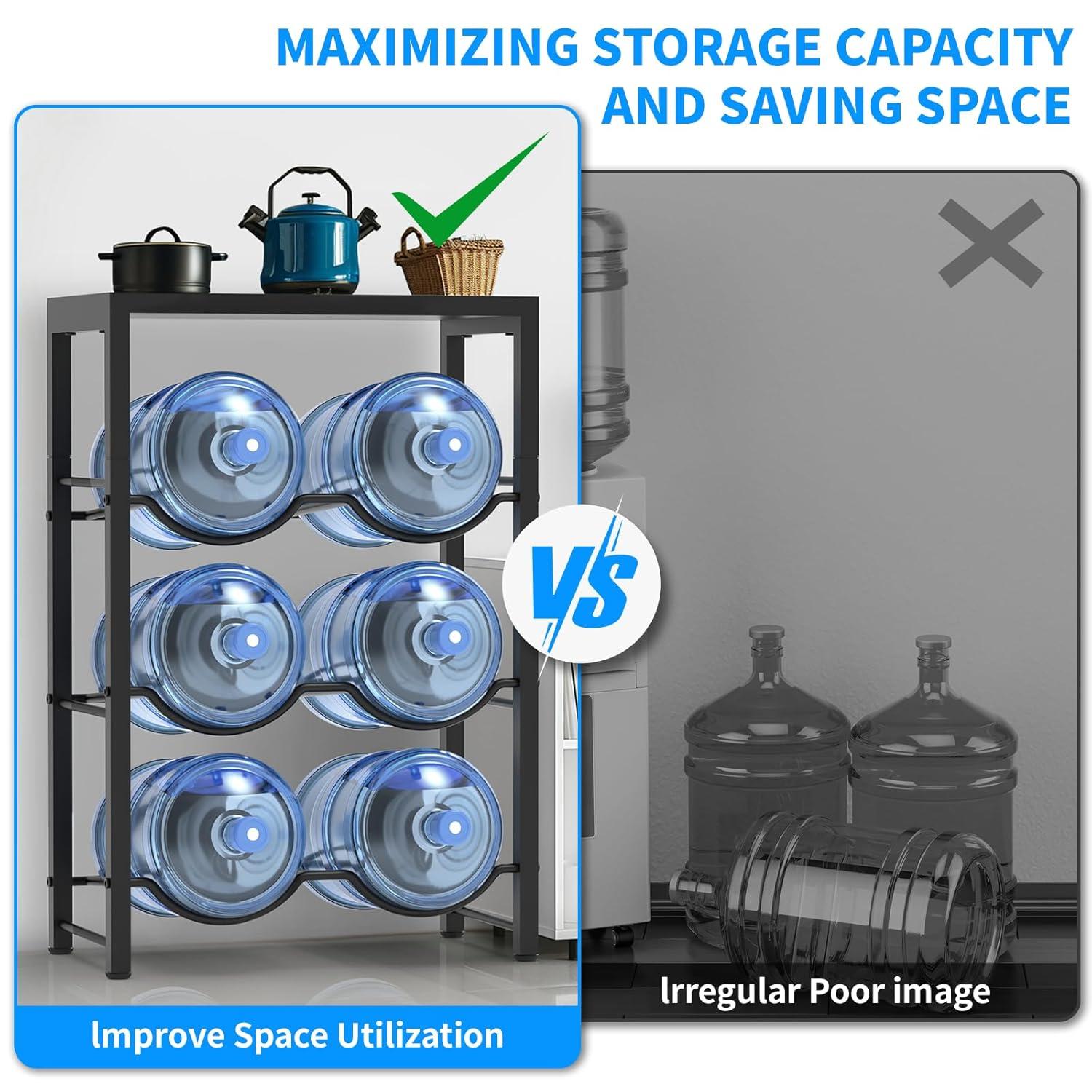 5 Gallon Water Bottle Holder for 6 Bottles, 3 Tiers Heavy-Duty Water Cooler Jug Rack with Reinforcement Frame for Home, Office, Restaurant