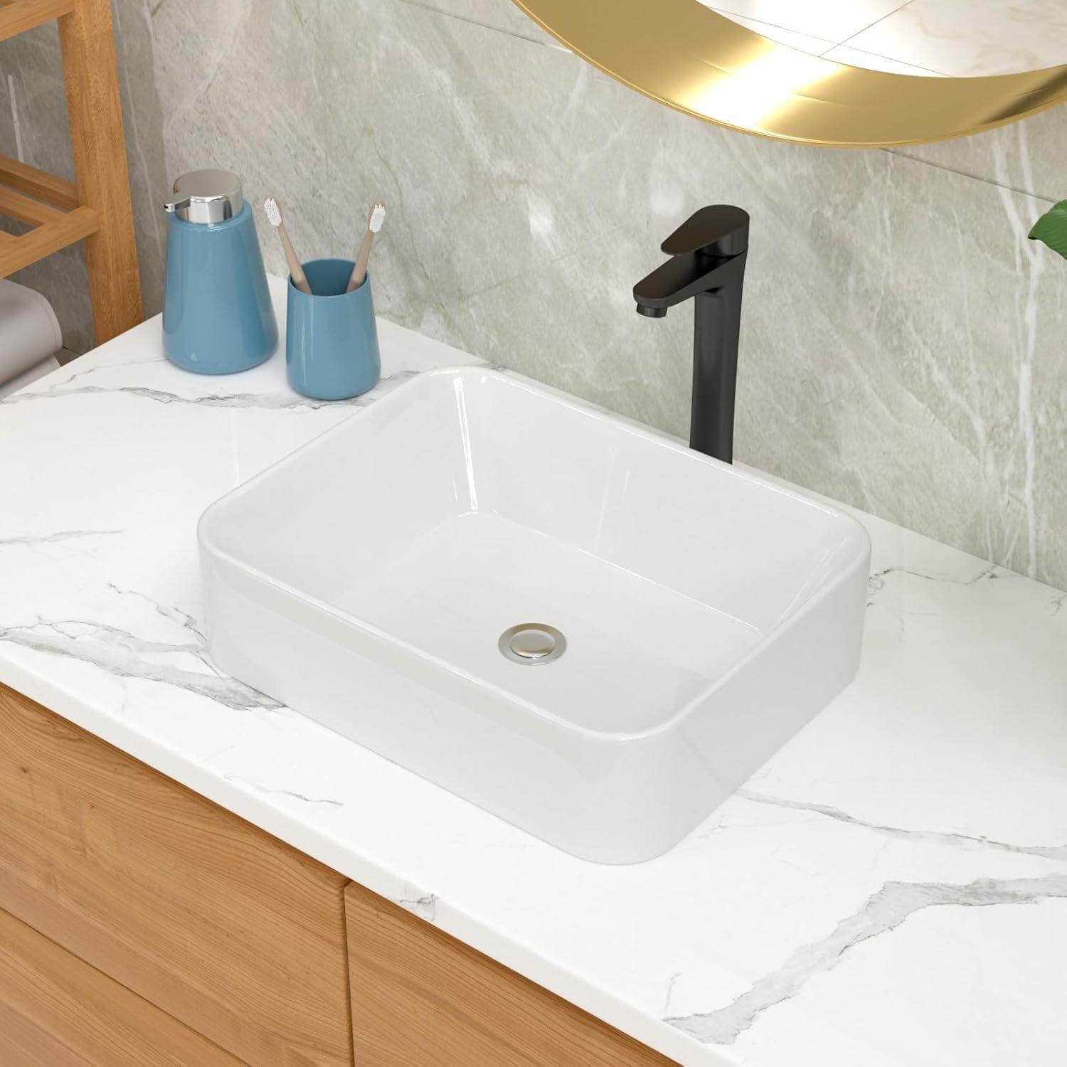 19"X15" Glossy Ceramic Rectangular Vessel Bathroom Sink with Faucet