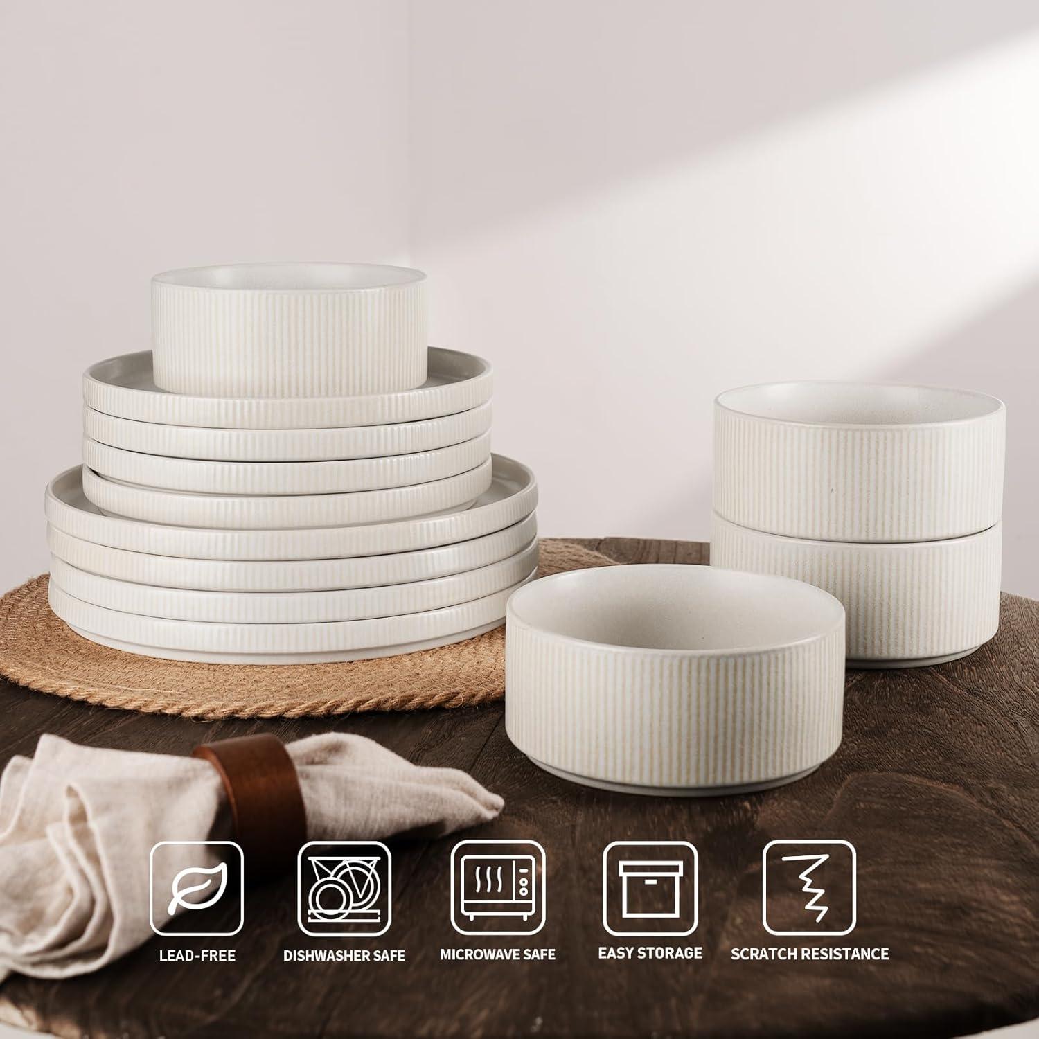 Famiware Star Stoneware Dinnerware Sets, Plates and Bowls Set for 4, 12 Piece Dish Set, Matte White