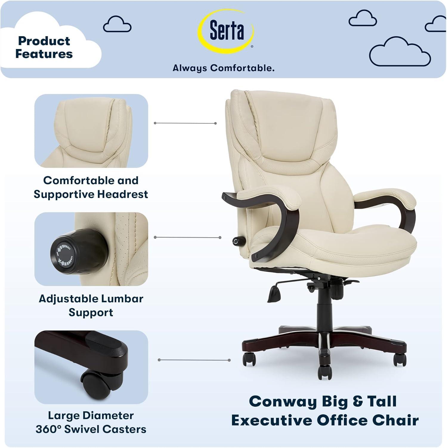 Big and Tall Executive Office Chair - Serta: Lumbar Support, Leather, Wood Finish