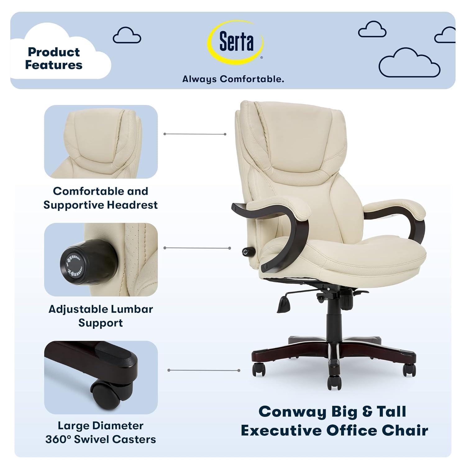 Big and Tall Executive Office Chair - Serta: Lumbar Support, Leather, Wood Finish