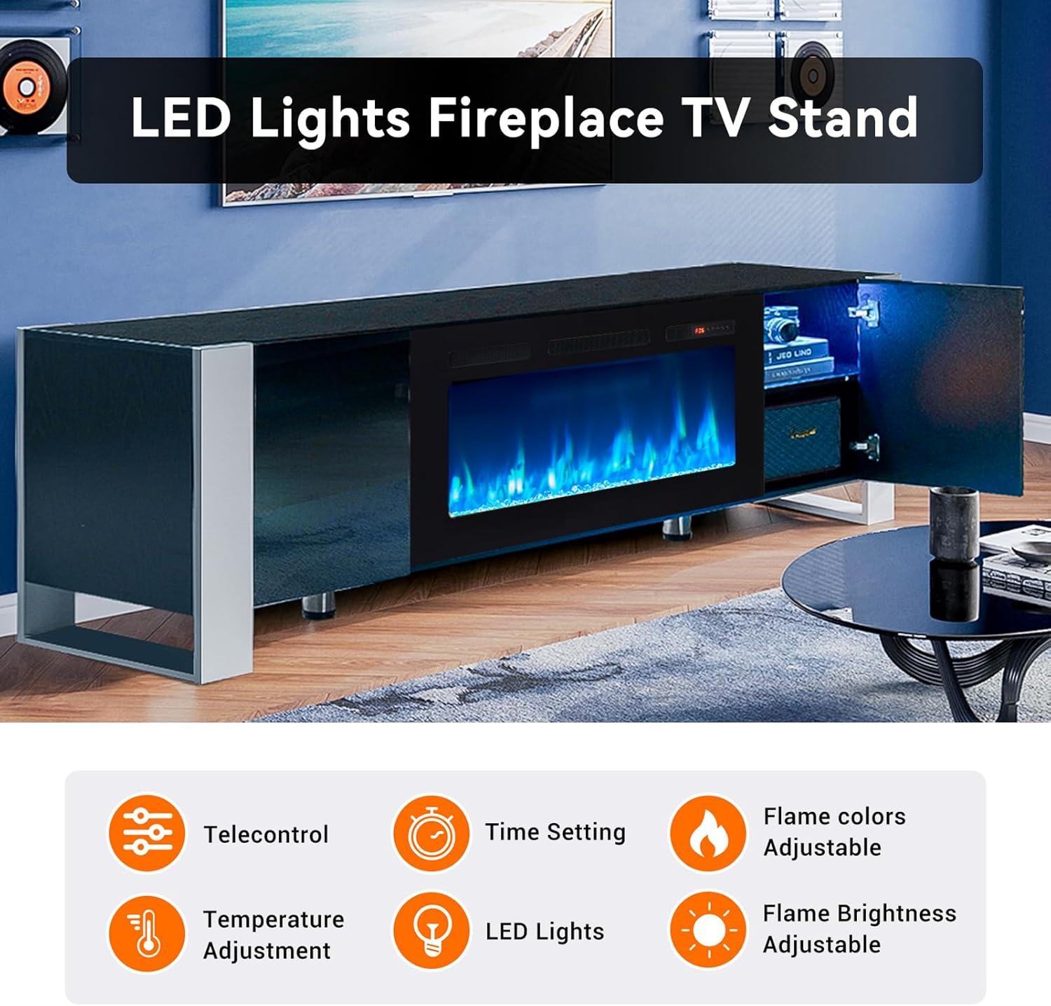 oneinmil Fireplace TV Stand with 36" Electric Fireplace, LED Light Entertainment Center, Modern Wood Texture Entertainment Stand with Highlight Storage Cabinet for TVs Up to 80", 70 inches, Black