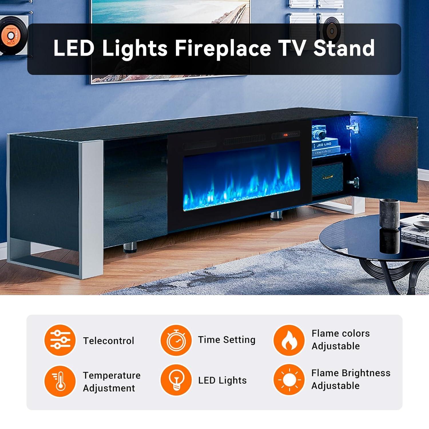 oneinmil Fireplace TV Stand with 36" Electric Fireplace, LED Light Entertainment Center, Modern Wood Texture Entertainment Stand with Highlight Storage Cabinet for TVs Up to 80", 70 inches, Black