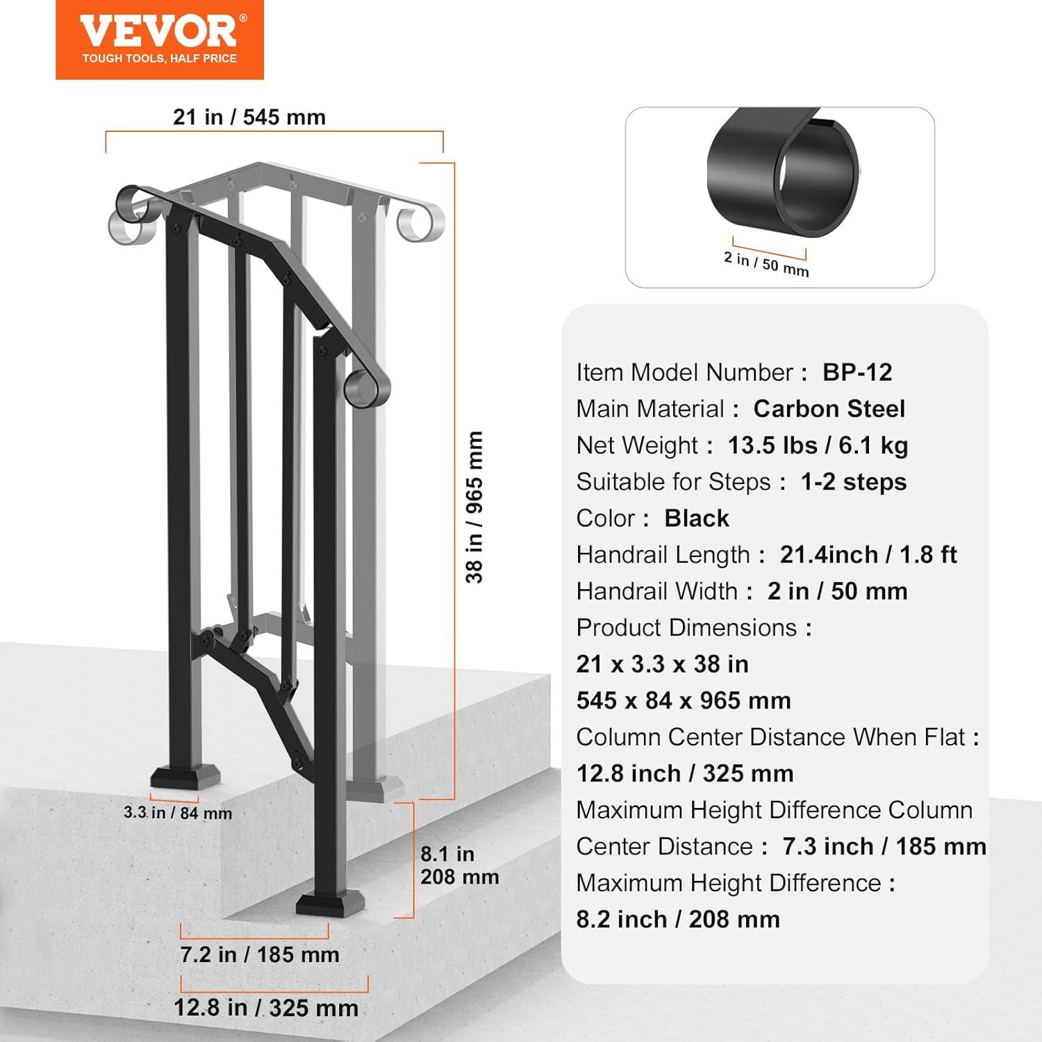 VEVOR Handrails for Outdoor Steps, 2 PCS 2-3 Step Stair Hand Rail Kit, Transitional Carbon Steel Railings with Installation Kit, Stair Rails for Seniors, Concrete & Porch & Deck, Black Square Tube