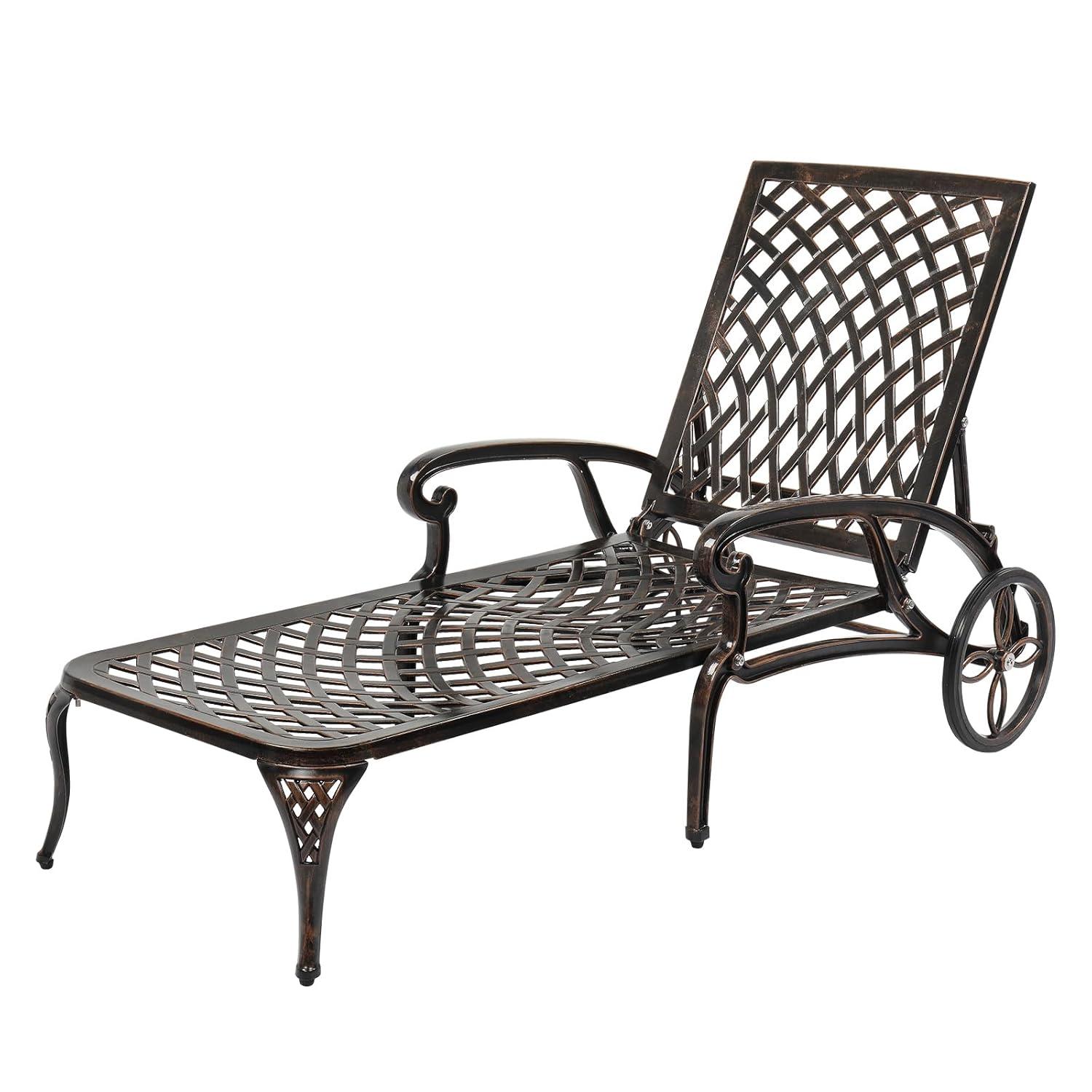 VINGLI Cast Aluminum Outdoor Chaise Lounge Chair with Wheels, Patio Chaise Lounge with 3-Position Adjustable Backrest, Outdoor Tanning Chair Patio Lounge Chair (Bronze, Without Cushion)