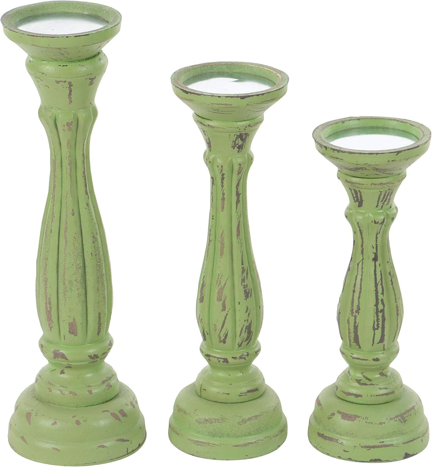 DecMode 3 Candle Green Wooden Distressed Turned Pillar Candle Holder, Set of 3