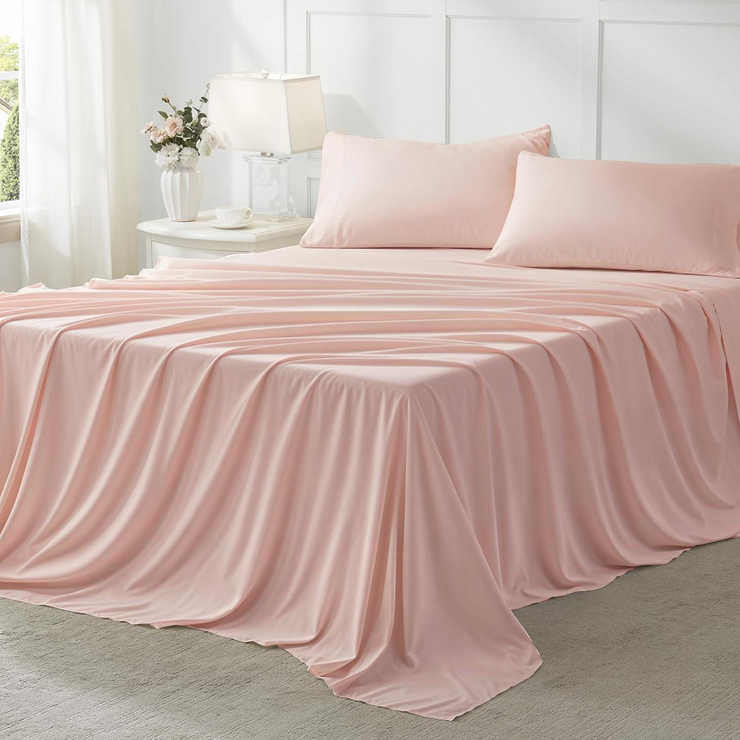 Anluoer Queen Comforter Set 7 Piece, Pink Bed in a Bag with Comforters, Pillow Shams, Pillowcases, Flat Sheet, Fitted Sheet