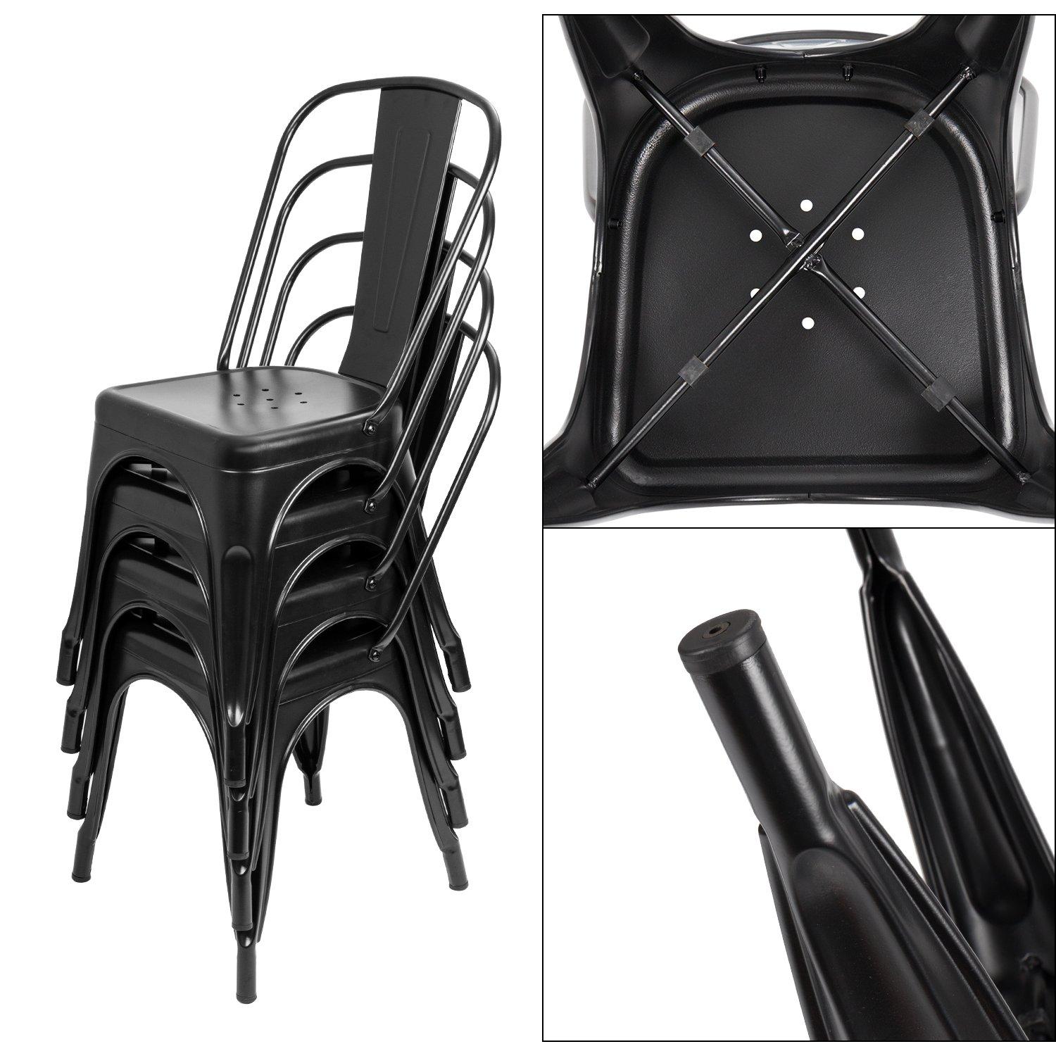 JUMMICO Metal Dining Chair Stackable Indoor Outdoor Industrial Vintage Chairs Bistro Kitchen Cafe Side Chairs with Back Set of 4 (Black)
