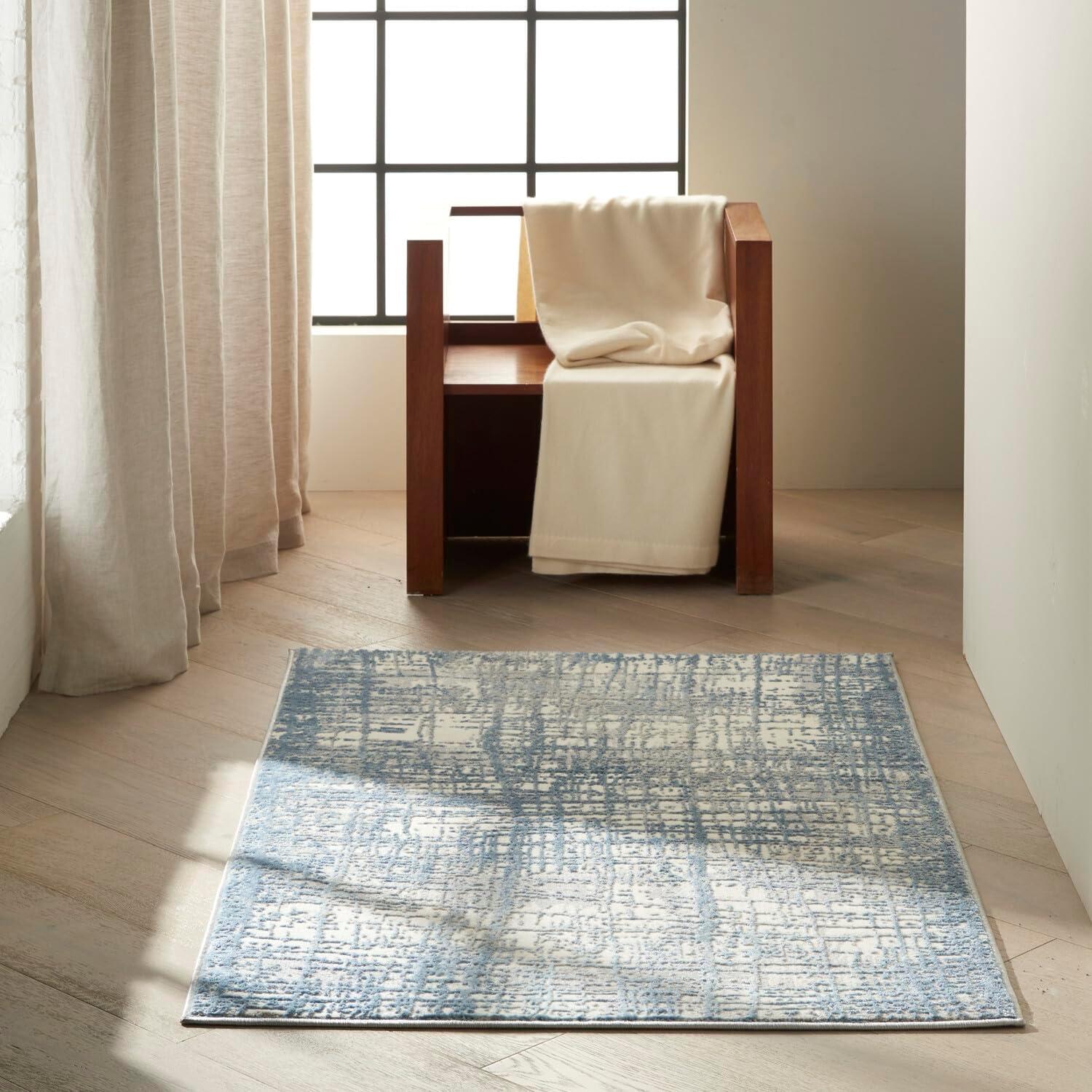 Ivory Blue Abstract Handmade Viscose Area Rug, 3'2" x 5'