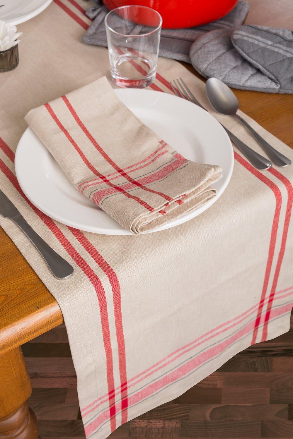 DII 14x108" Modern Cotton French Stripe Table Runner in Taupe Beige/Red