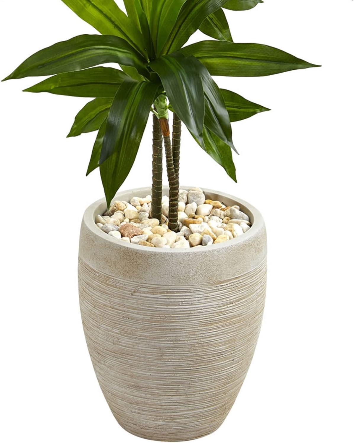 Nearly Natural 4-ft Artificial Dracaena Plant in Sand Colored Planter (Real Touch)