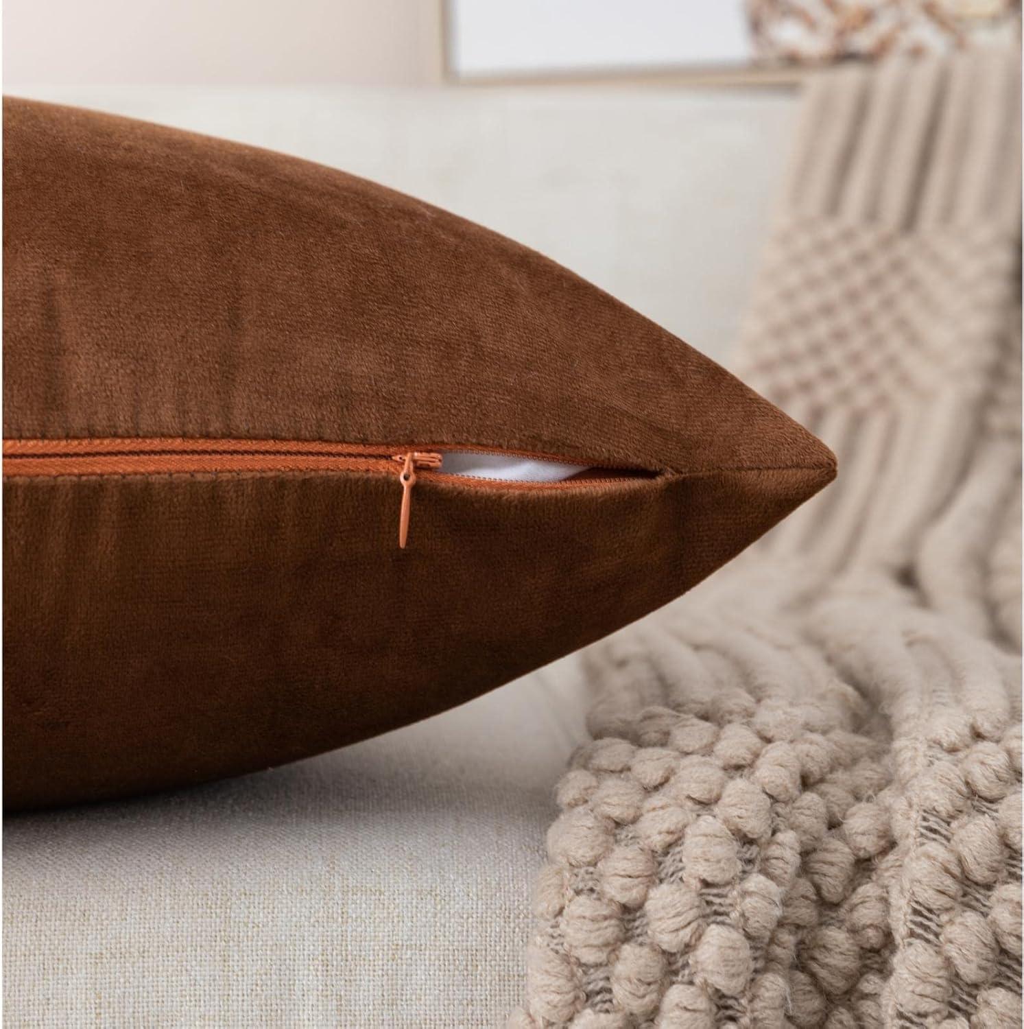 Set of 2 Brown and White Velvet Throw Pillows with Gold Stripes