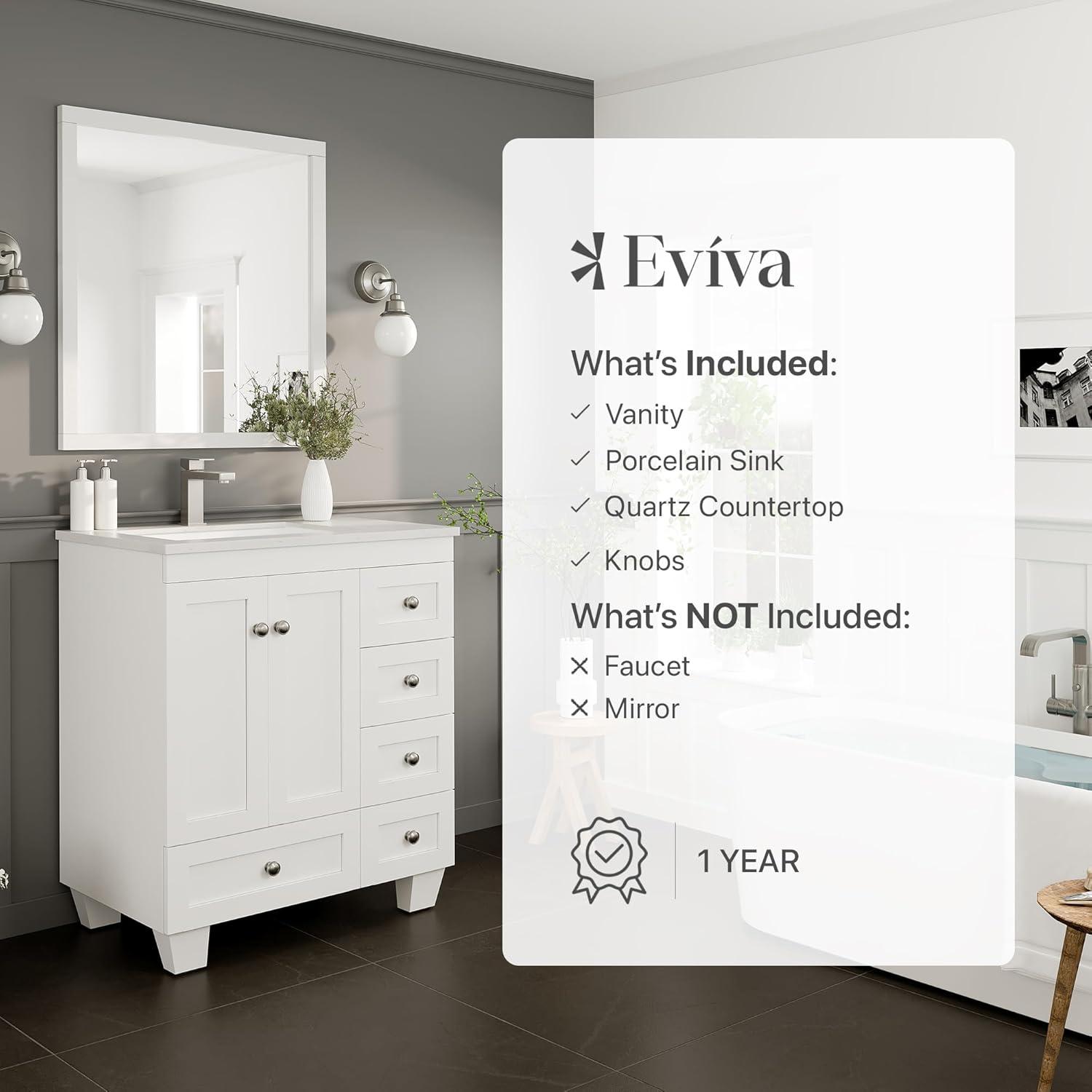 Eviva Happy 28"W x 18"D White Bathroom Vanity with White Carrara Quartz Vanity Top and Rectangular Undermount Sink