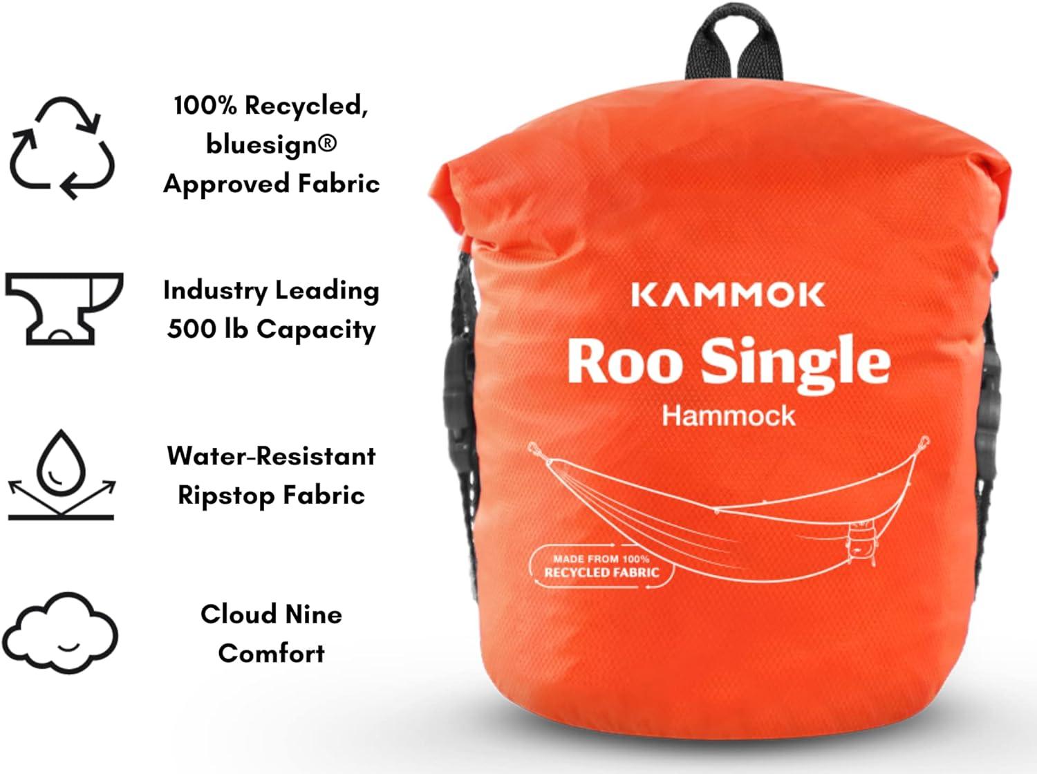 Kammok Roo Single Hammock with Stuff Sack | Waterproof Ripstop Nylon, Gear Loops |  Lightweight for Camping and Backpacking,  Ember Orange