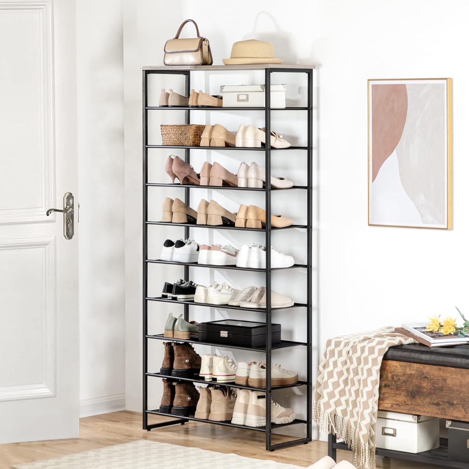 Greige and Black 10-Tier Industrial Shoe Rack with Metal Shelves