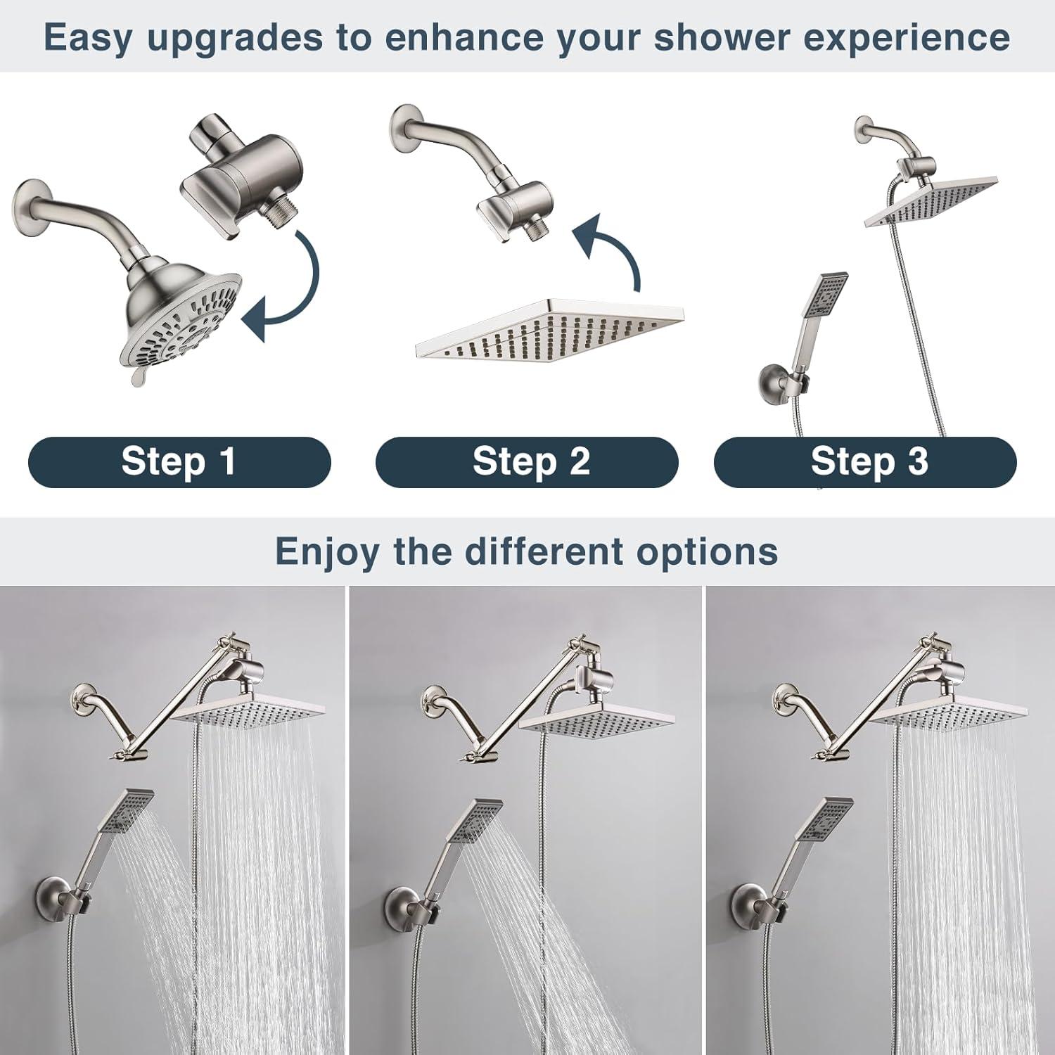 BRIGHT SHOWERS Rain Shower head with Handheld Spray 5 ft. Shower Hose Combo Includes Wall Mount Suction Bracket, 3-Way Water Diverter Mount (8 Inch Square, Brushed Nickel)