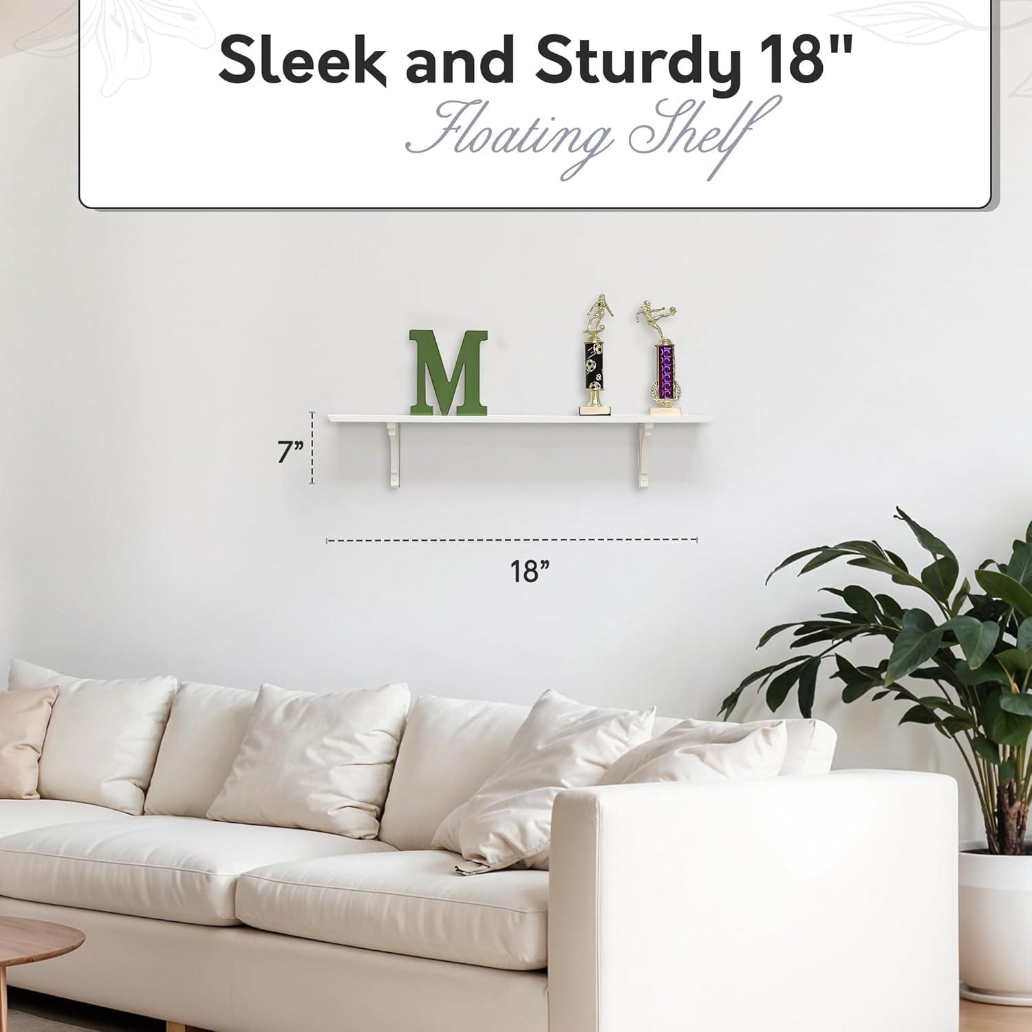 InPlace Shelves, 18Wx7Dx7H, Wood Cottage Bracket Floating Wall Mounted Display Shelf, White